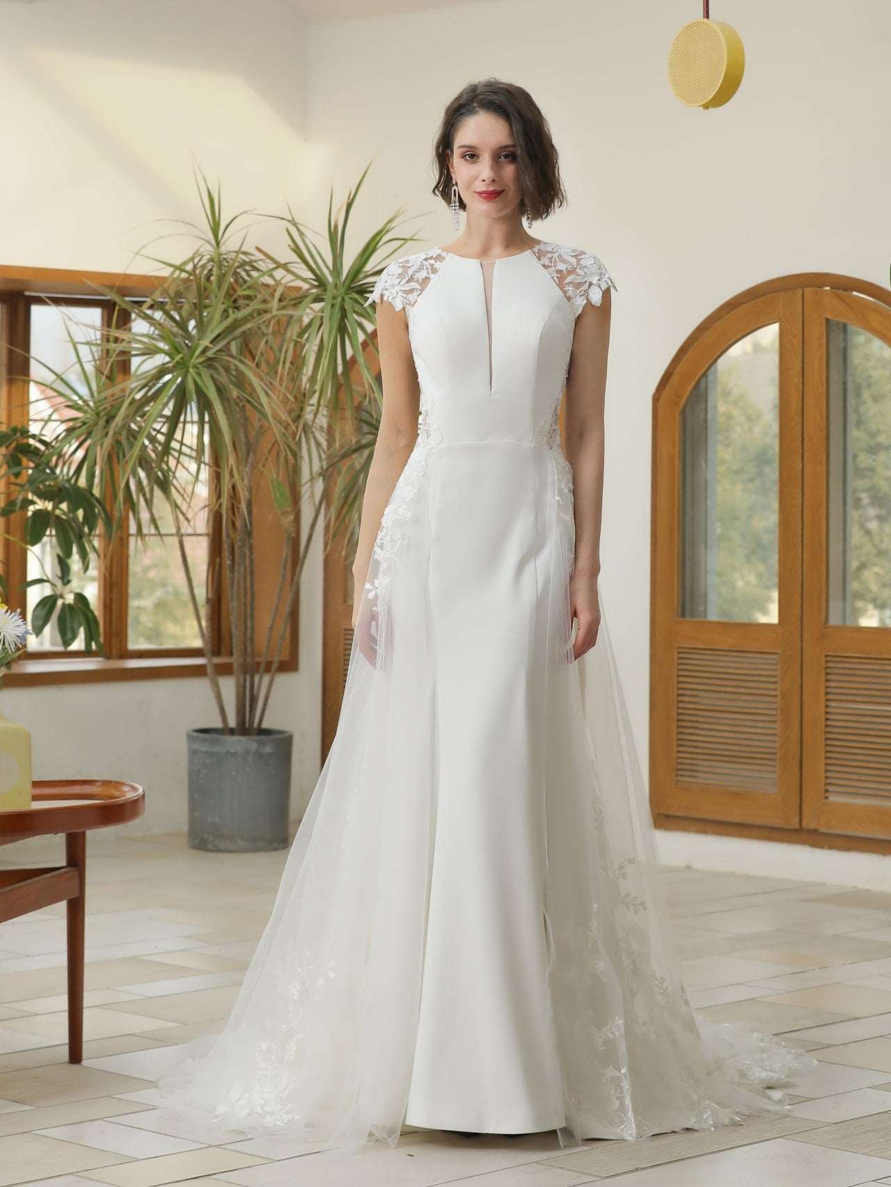 Floral Lace Crepe Sheath Wedding Dress Abigail with Tulle Overskirt - A.Cherie Couture Shop