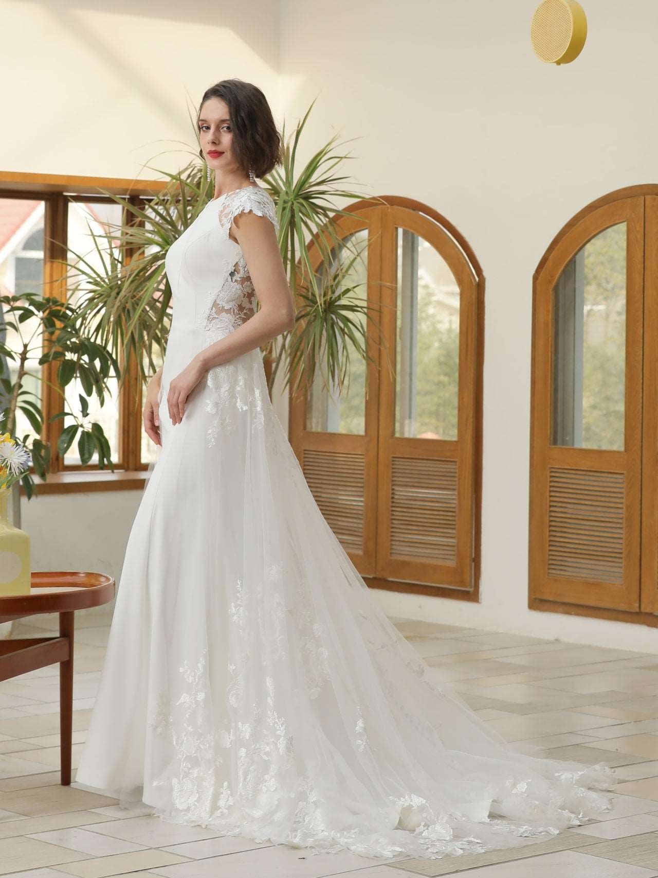 Floral Lace Crepe Sheath Wedding Dress Abigail with Tulle Overskirt - A.Cherie Couture Shop