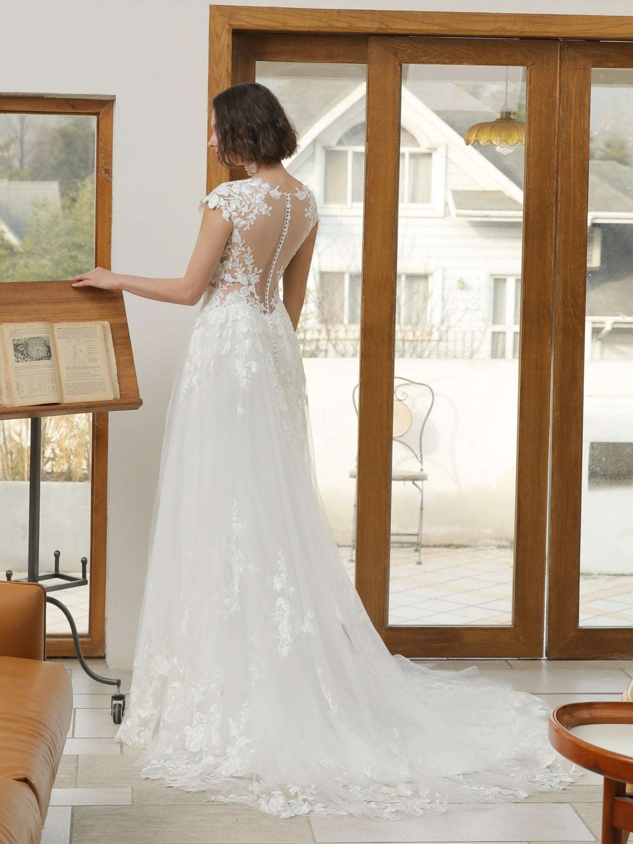 Floral Lace Crepe Sheath Wedding Dress Abigail with Tulle Overskirt - A.Cherie Couture Shop