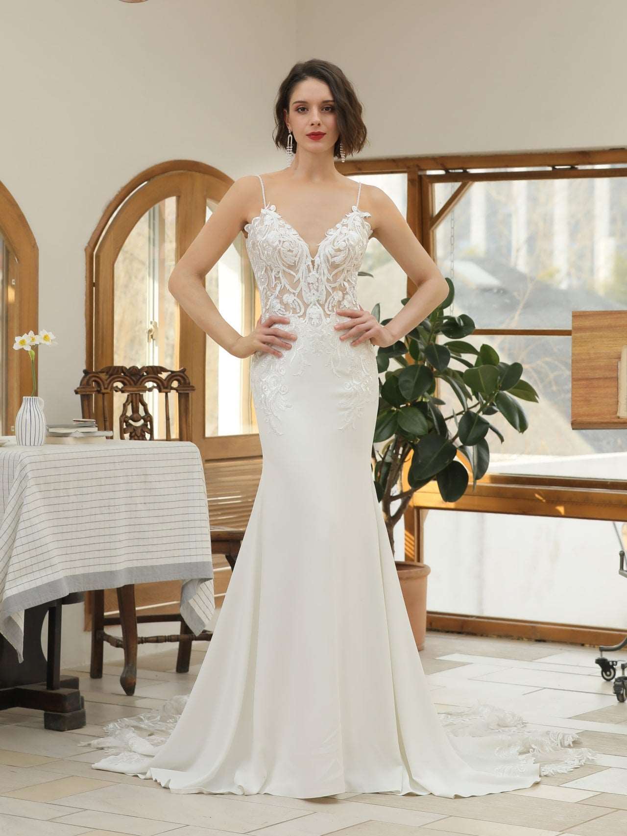 Floral Lace Crepe Fit & Flare Wedding Dress Evelyn with Beaded Straps - A.Cherie Couture Shop