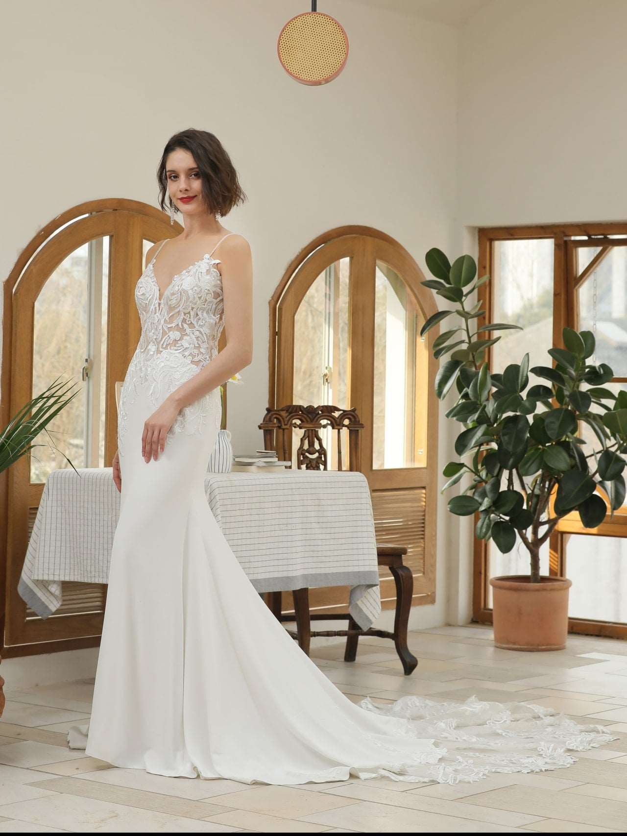 Floral Lace Crepe Fit & Flare Wedding Dress | Shop A.Cherie Light Ivory / US12 Floral Lace Crepe Fit & Flare Wedding Dress | Shop A.Cherie Light Ivory / US12