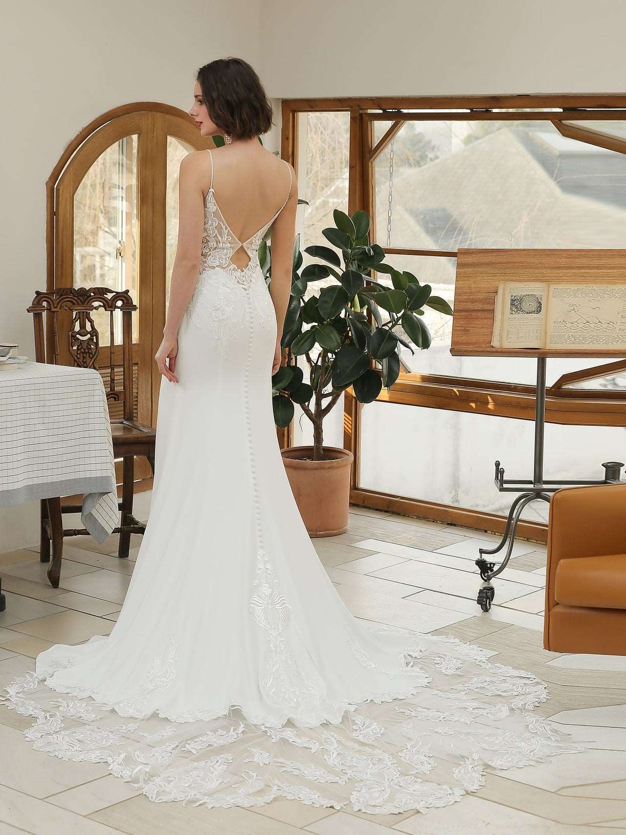 Floral Lace Crepe Fit & Flare Wedding Dress Evelyn with Beaded Straps - A.Cherie Couture Shop