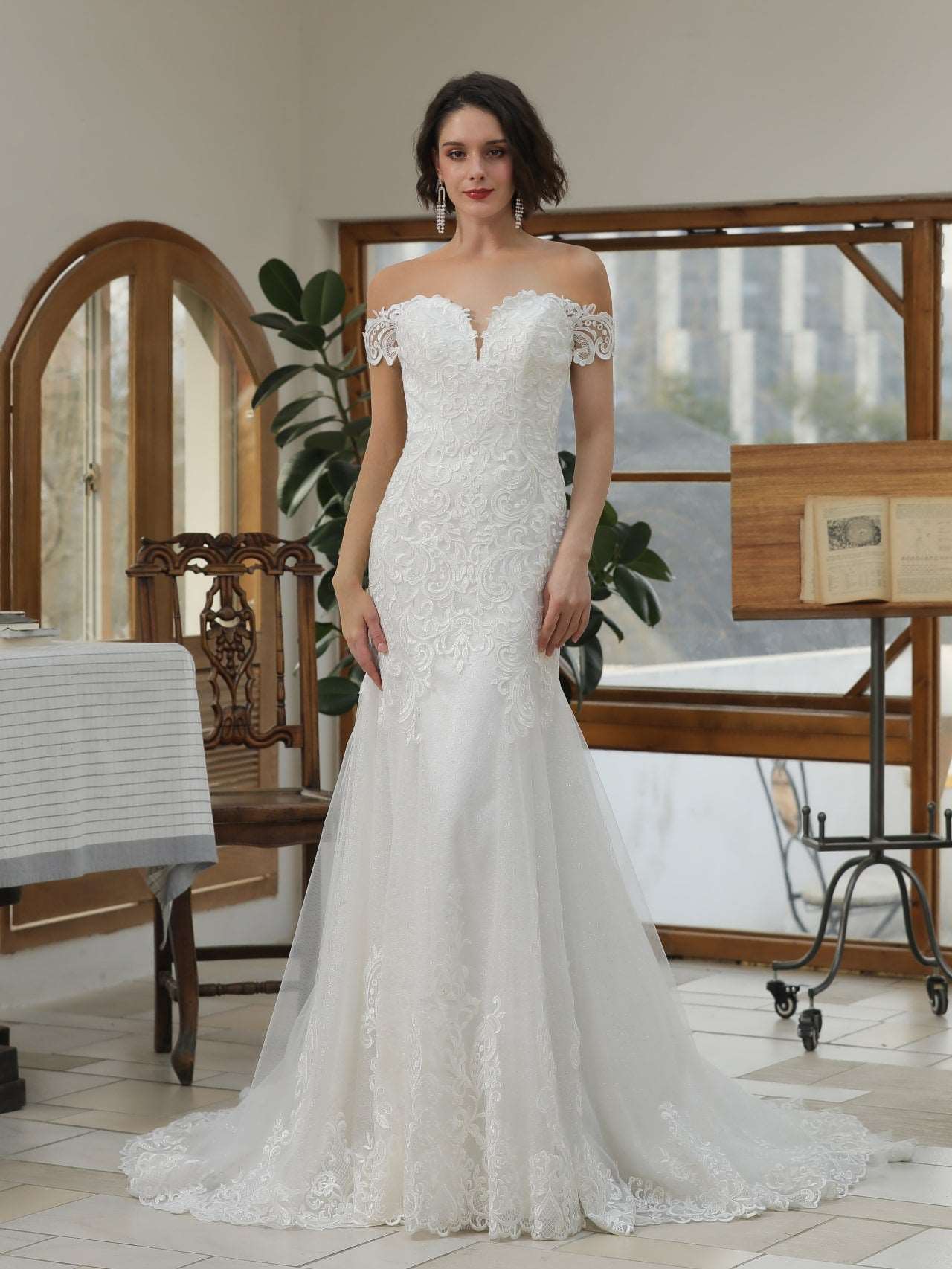 Off Shoulder Sequin Lace Glitter Tulle Fit & Flare Wedding Dress Blair - A.Cherie Couture Shop