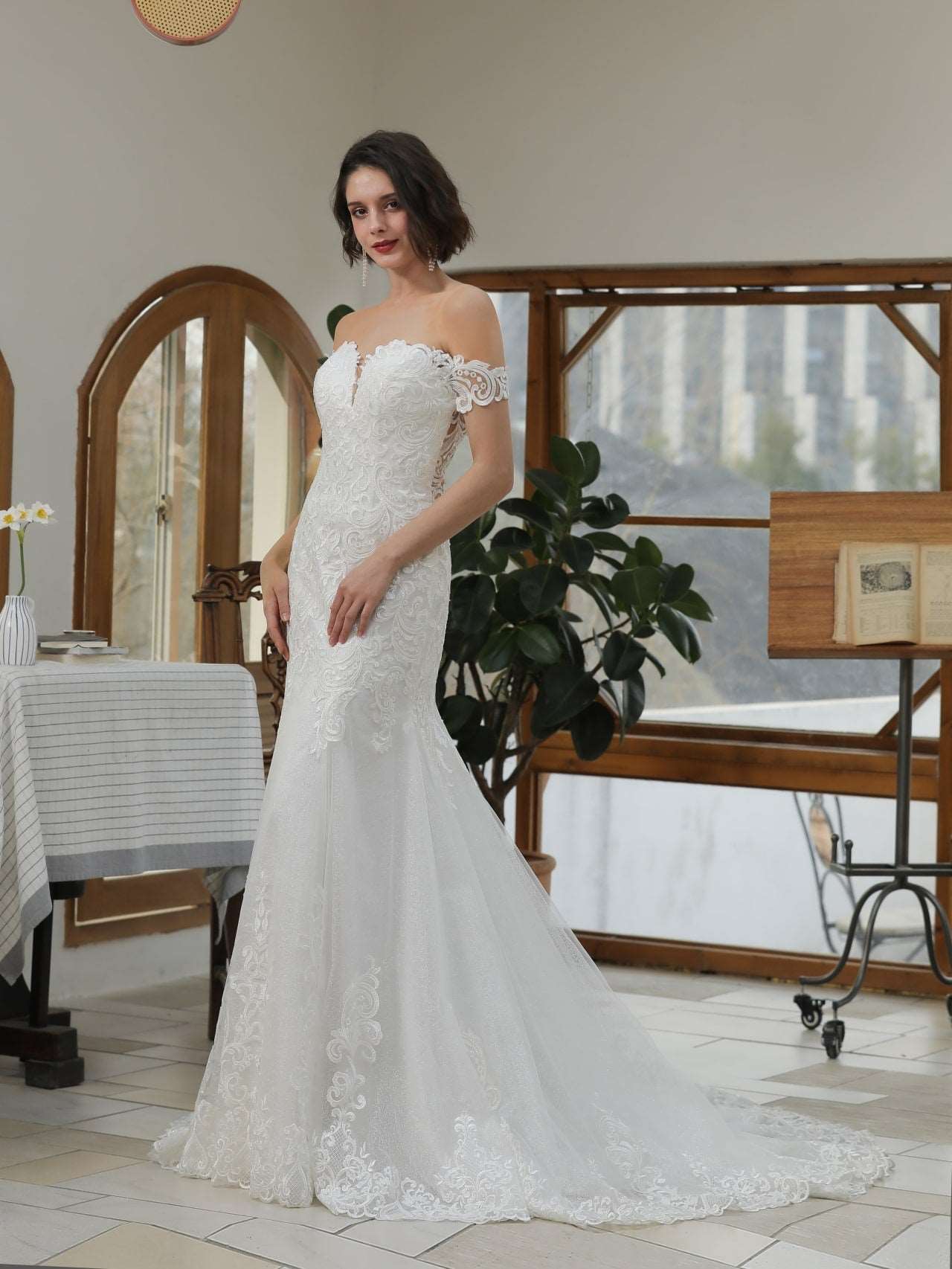 Off Shoulder Sequin Glitter Fit & Flare Wedding Dress | Shop A.Cherie Light Ivory / US18 Off Shoulder Sequin Glitter Fit & Flare Wedding Dress | Shop A.Cherie Light Ivory / US18