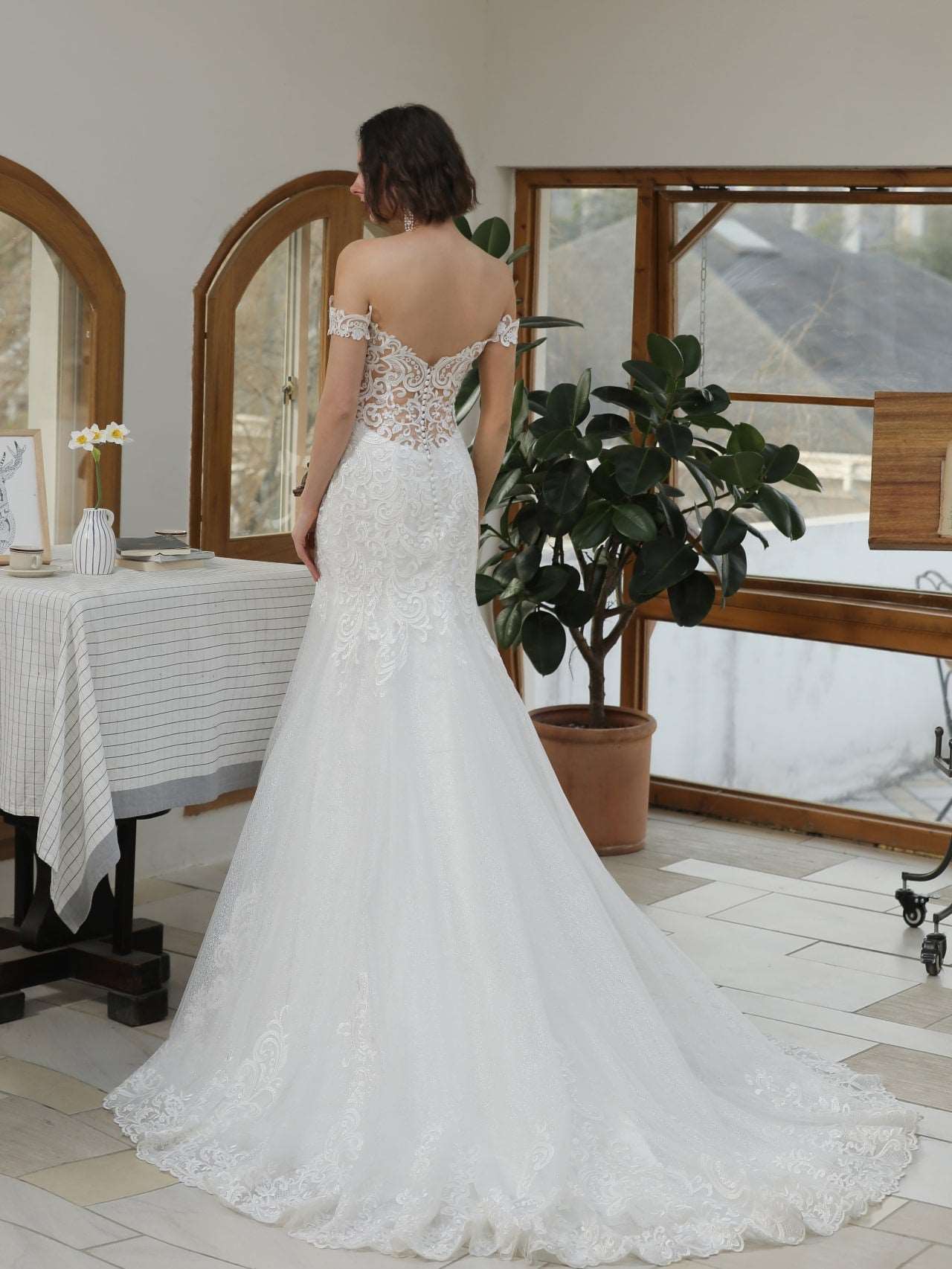 Off Shoulder Sequin Lace Glitter Tulle Fit & Flare Wedding Dress Blair - A.Cherie Couture Shop