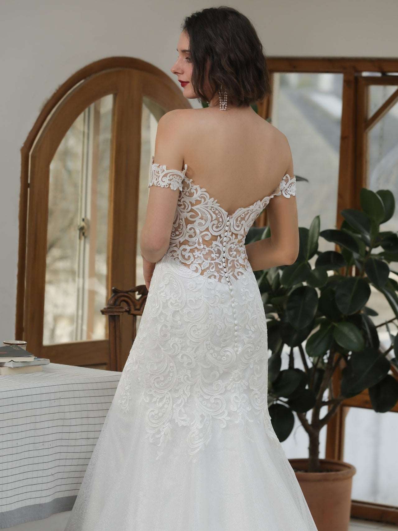 Off Shoulder Sequin Lace Glitter Tulle Fit & Flare Wedding Dress Blair - A.Cherie Couture Shop