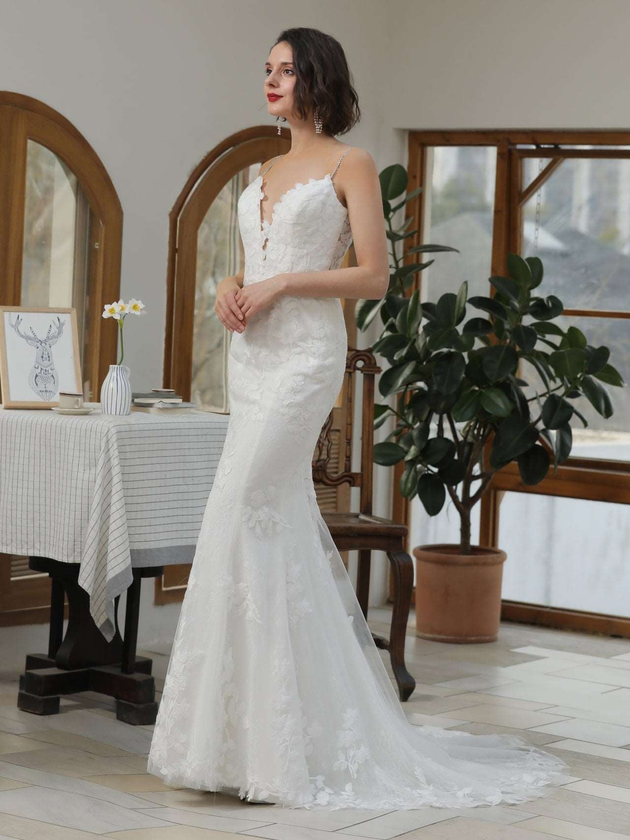 Floral Leaf Lace Mermaid Wedding Dress Bailey with Rhinestone Detailing - A.Cherie Couture Shop