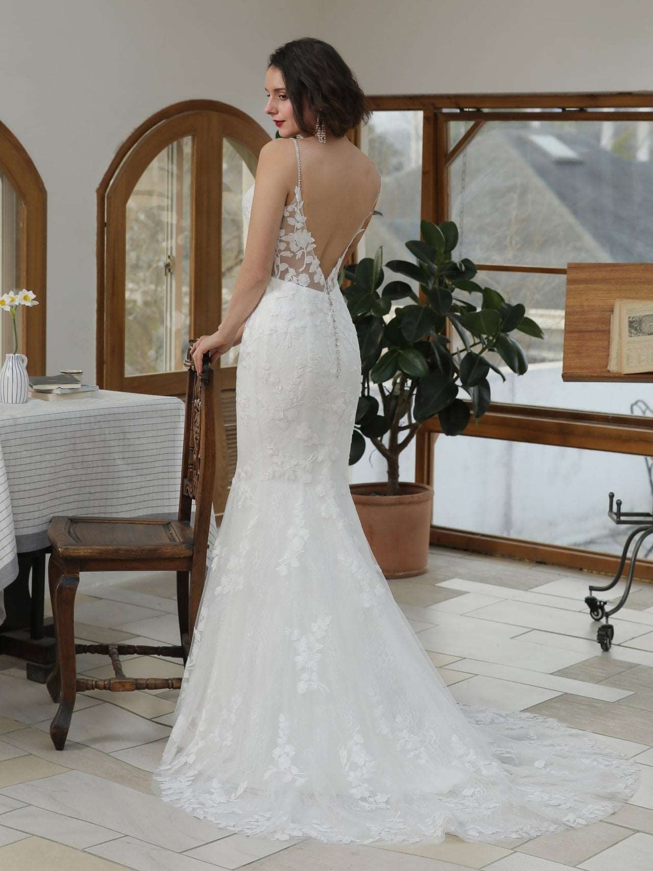 Floral Leaf Lace Mermaid Wedding Dress Bailey with Rhinestone Detailing - A.Cherie Couture Shop