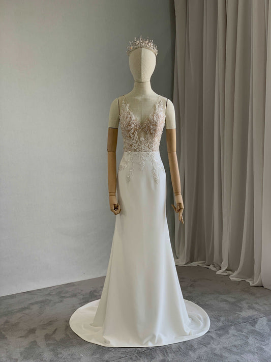 Beaded Lace Crepe Fit & Flare Wedding Dress Emma - A.Cherie Couture Shop