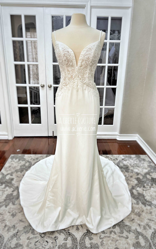 Beaded Low Back Crepe Fit & Flare Wedding Dress Alaina - A.Cherie Couture Shop