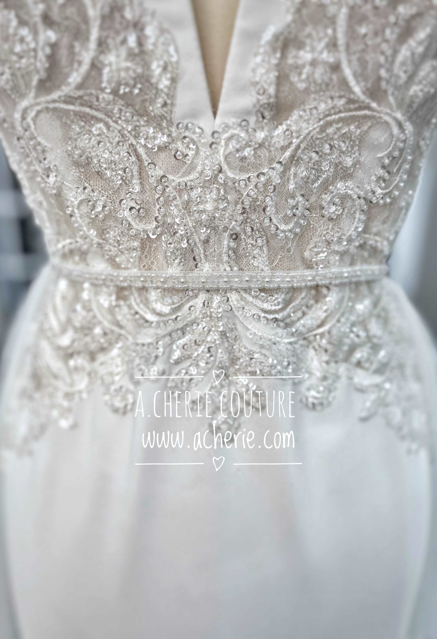 Beaded Low Back Crepe Fit & Flare Wedding Dress Alaina - A.Cherie Couture Shop