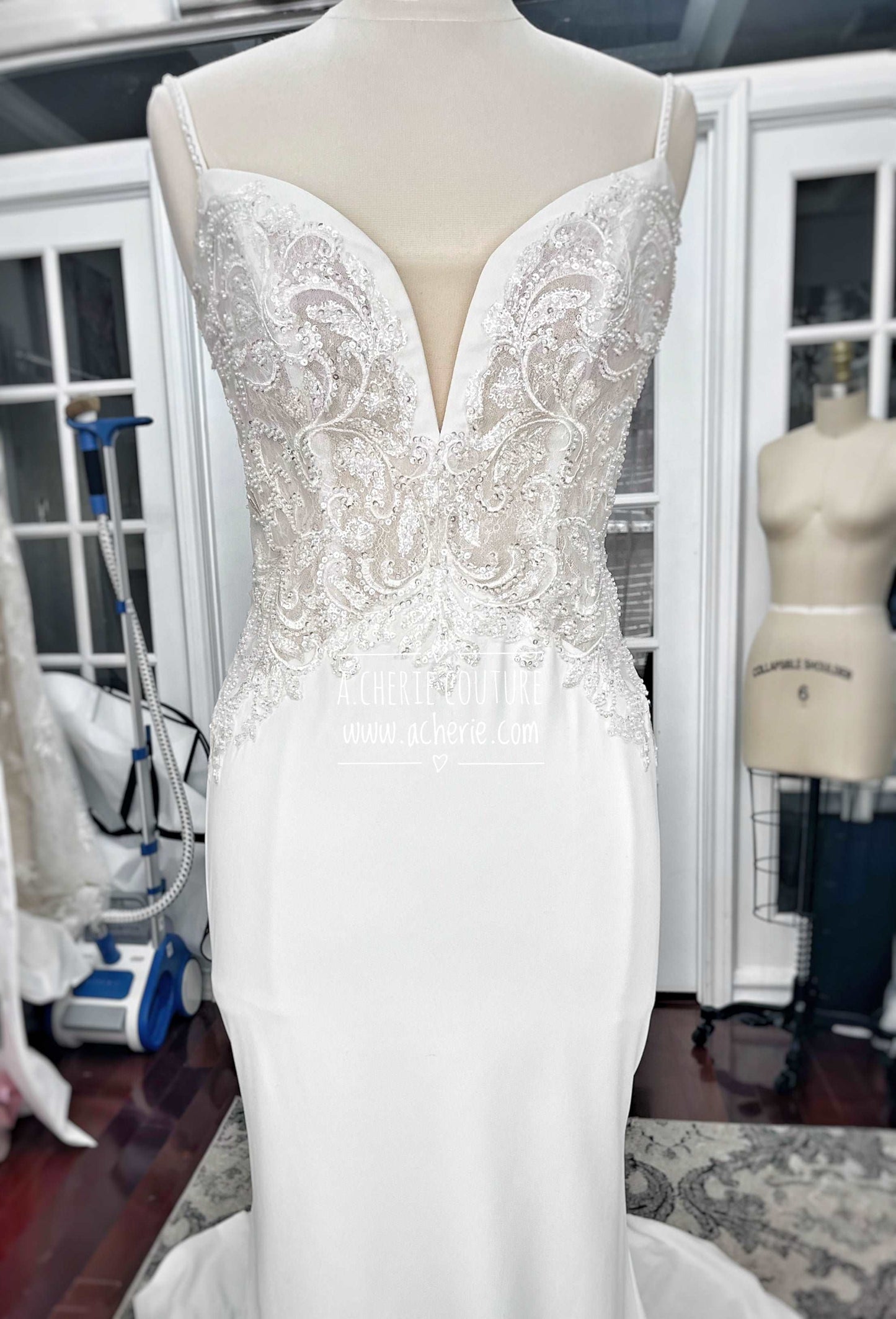 Beaded Low Back Crepe Fit & Flare Wedding Dress Alaina - A.Cherie Couture Shop