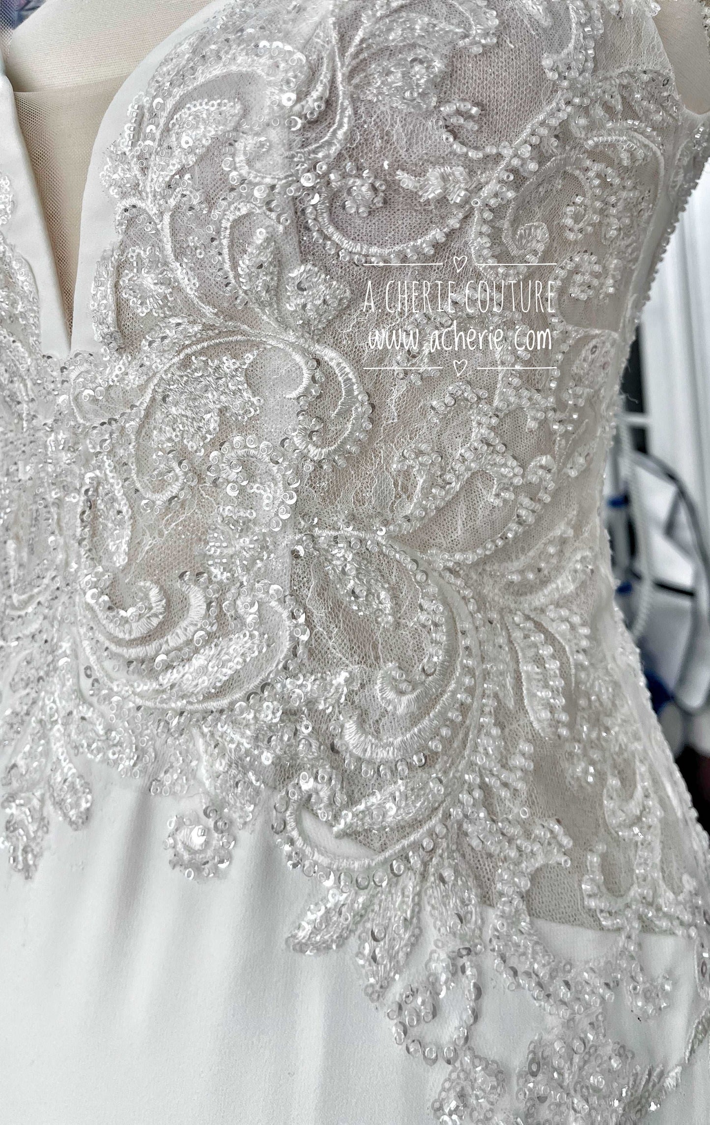 Beaded Low Back Crepe Fit & Flare Wedding Dress Alaina - A.Cherie Couture Shop