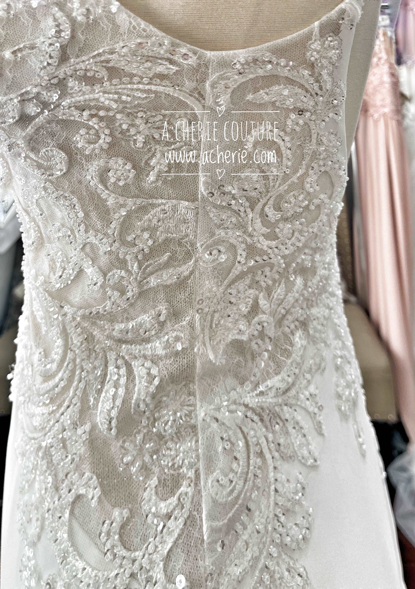 Beaded Low Back Crepe Fit & Flare Wedding Dress Alaina - A.Cherie Couture Shop