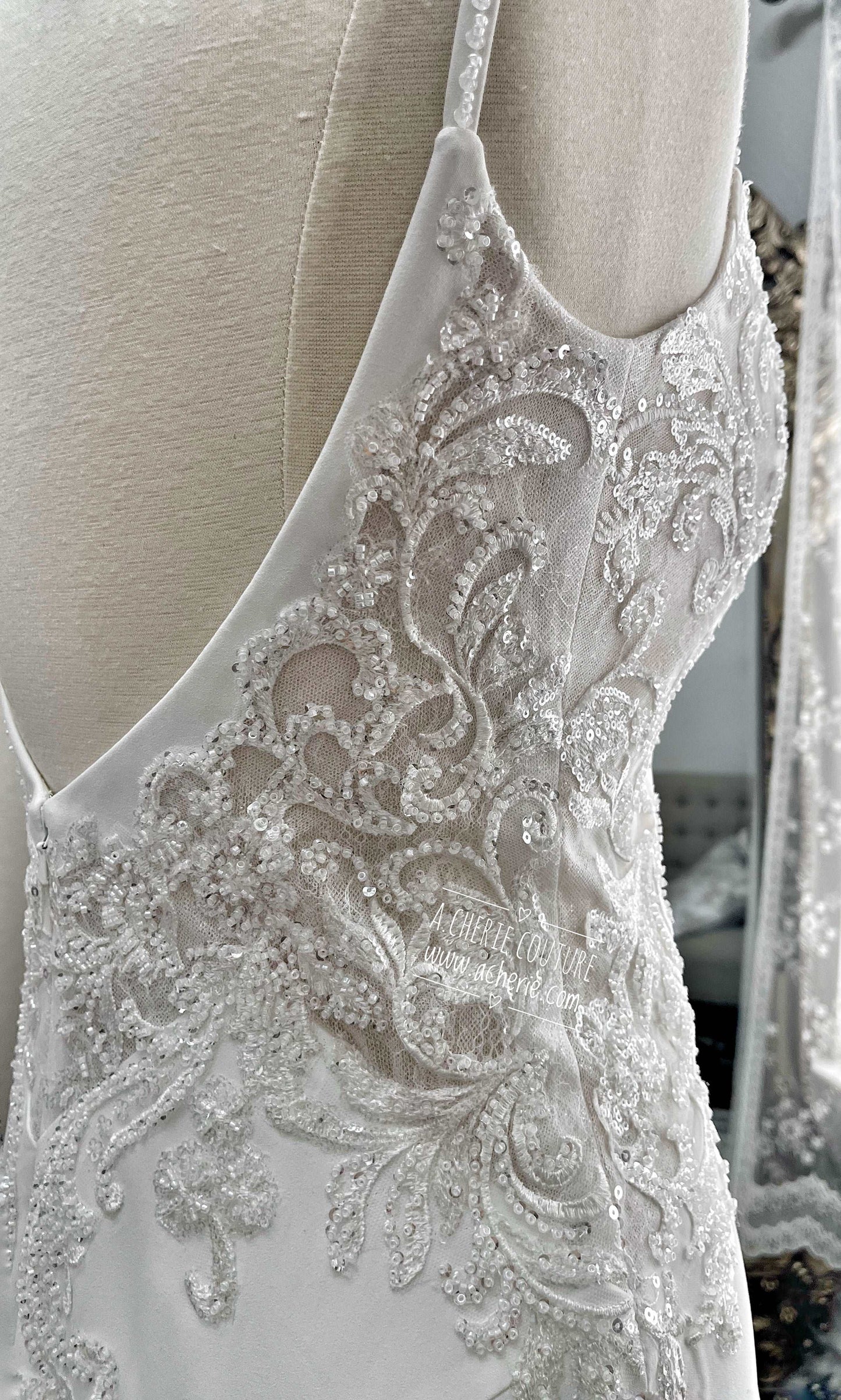 Beaded Low Back Crepe Fit & Flare Wedding Dress Alaina - A.Cherie Couture Shop