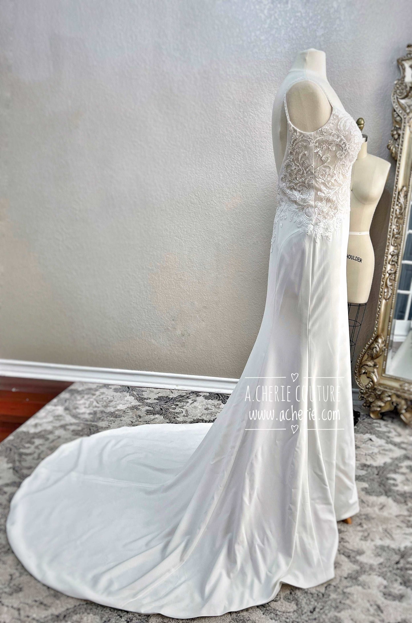 Beaded Low Back Crepe Fit & Flare Wedding Dress Alaina - A.Cherie Couture Shop