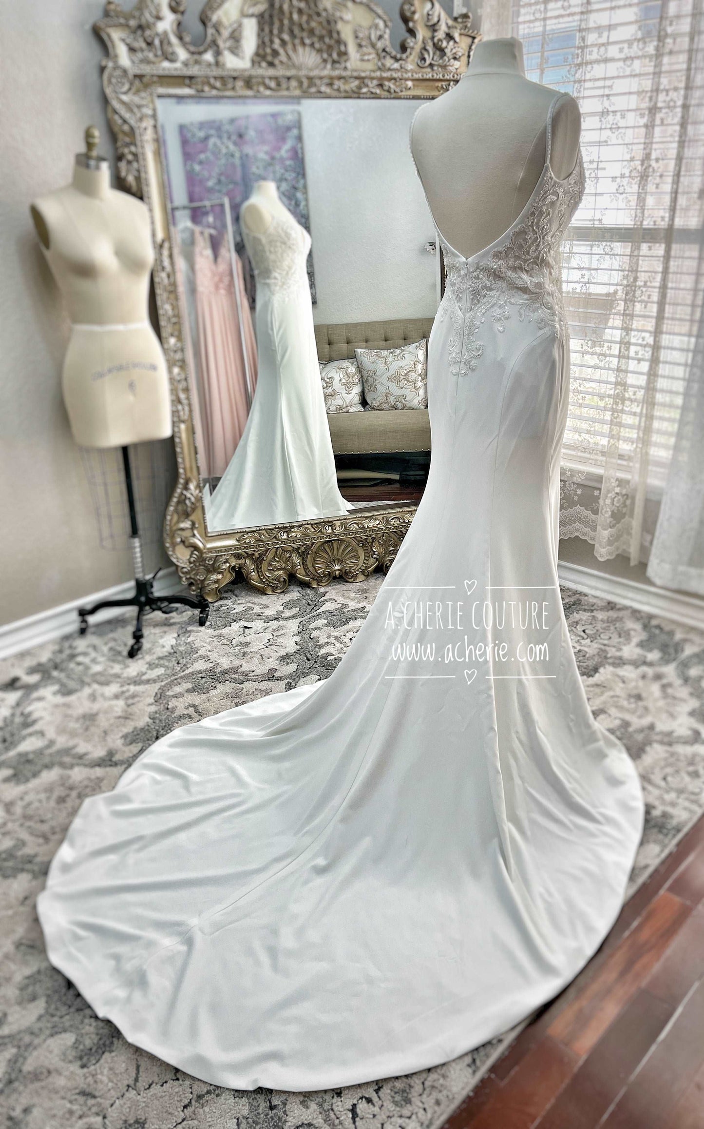 Beaded Low Back Crepe Fit & Flare Wedding Dress Alaina - A.Cherie Couture Shop
