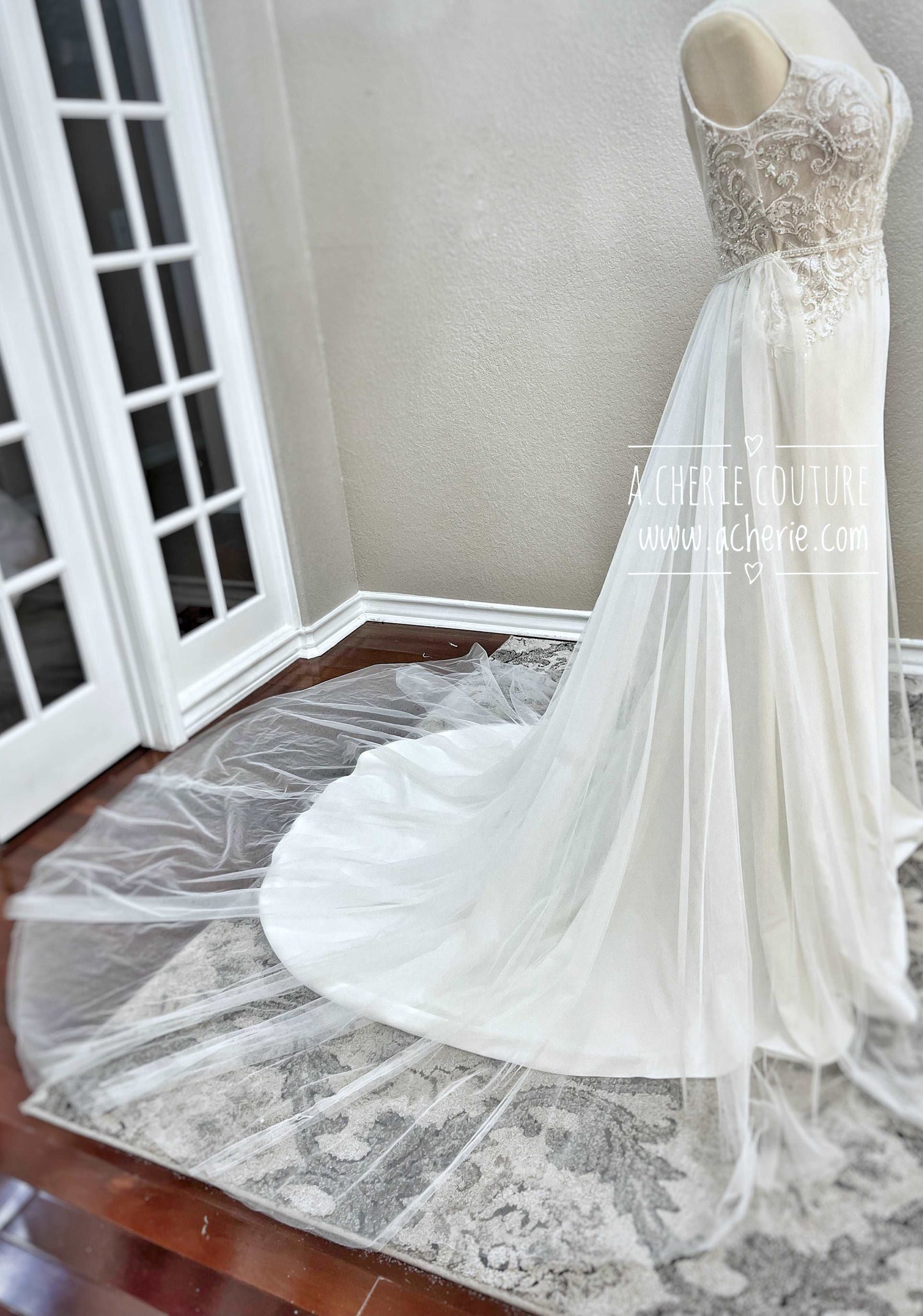 Beaded Low Back Crepe Fit & Flare Wedding Dress Alaina - A.Cherie Couture Shop