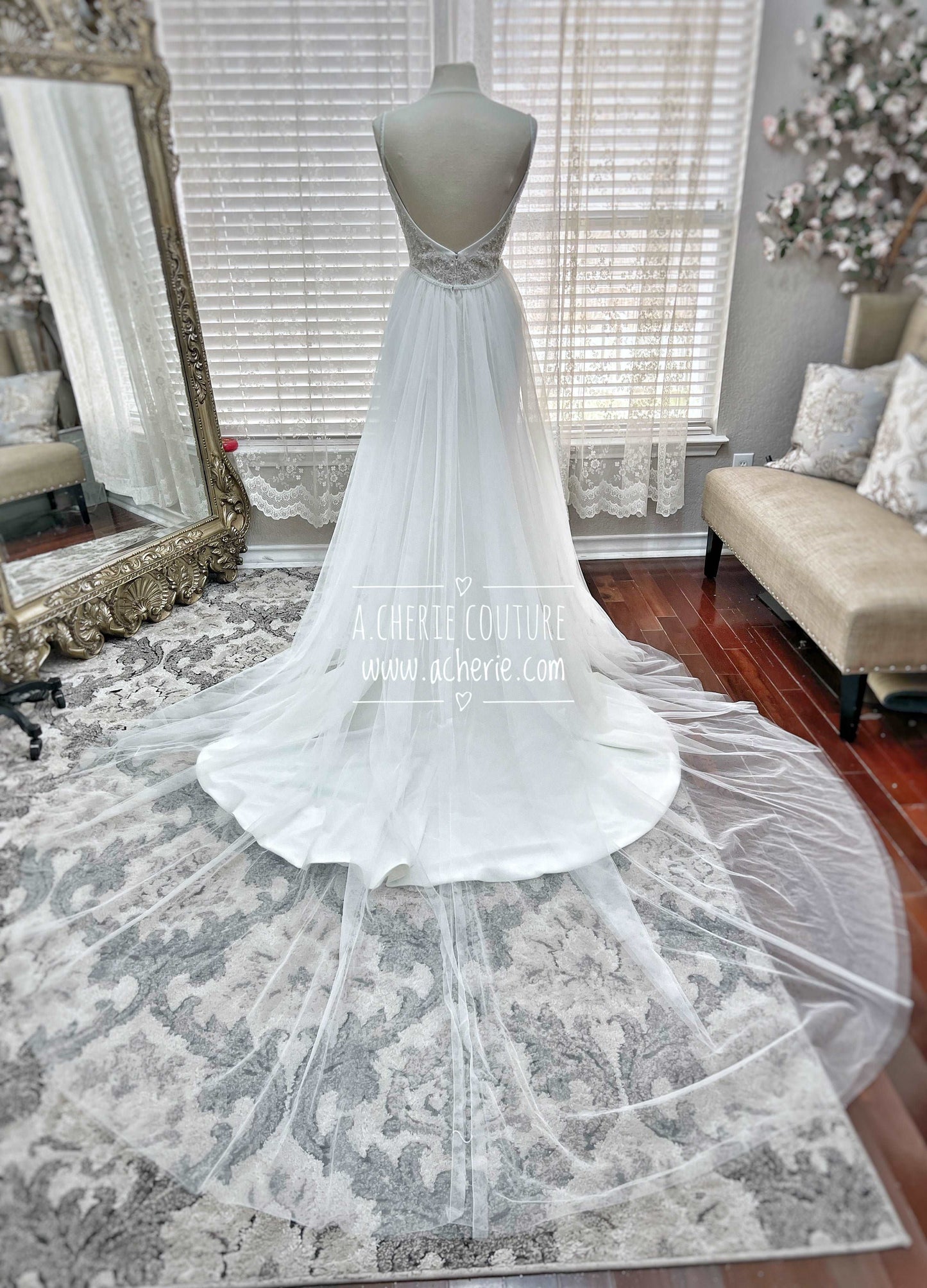 Beaded Low Back Crepe Fit & Flare Wedding Dress Alaina - A.Cherie Couture Shop