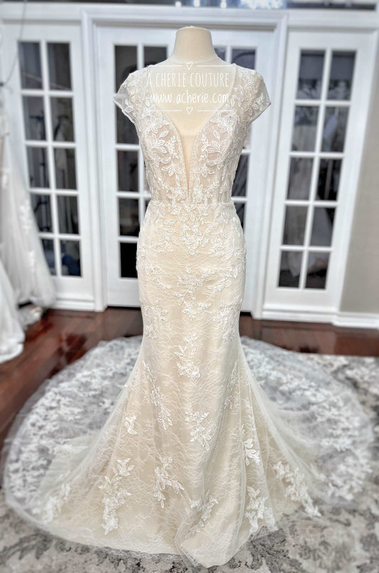 Beaded Low Neckline Open Back Layered Lace Fit & Flare Wedding Dress Ember - A.Cherie Couture Shop