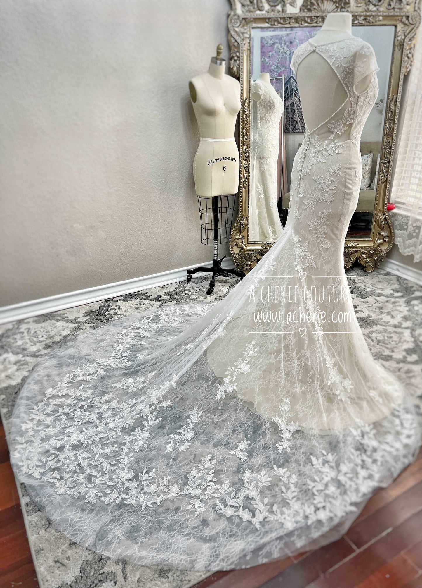 Beaded Low Neckline Open Back Layered Lace Fit & Flare Wedding Dress Ember - A.Cherie Couture Shop