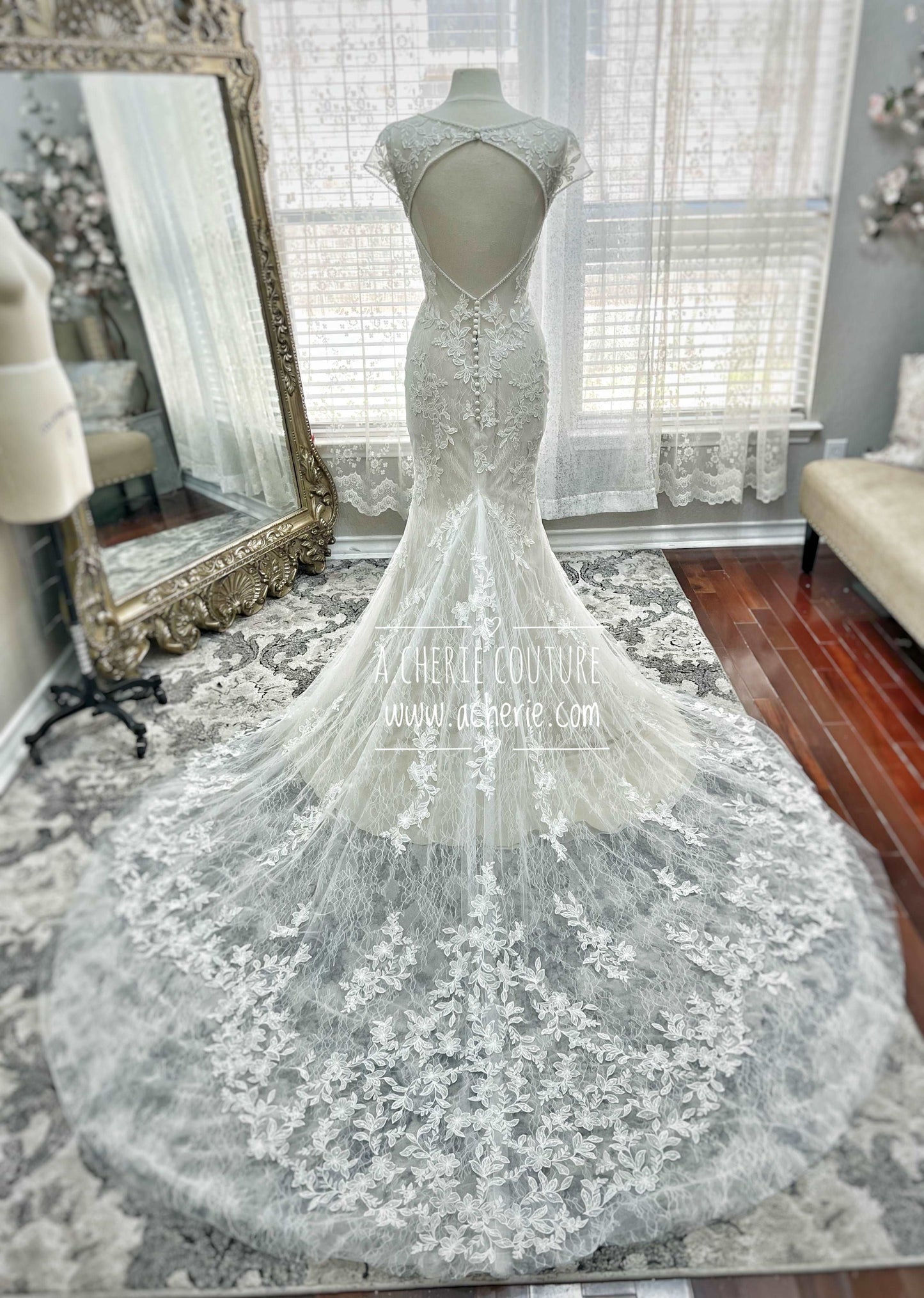 Beaded Low Neckline Open Back Layered Lace Fit & Flare Wedding Dress Ember - A.Cherie Couture Shop