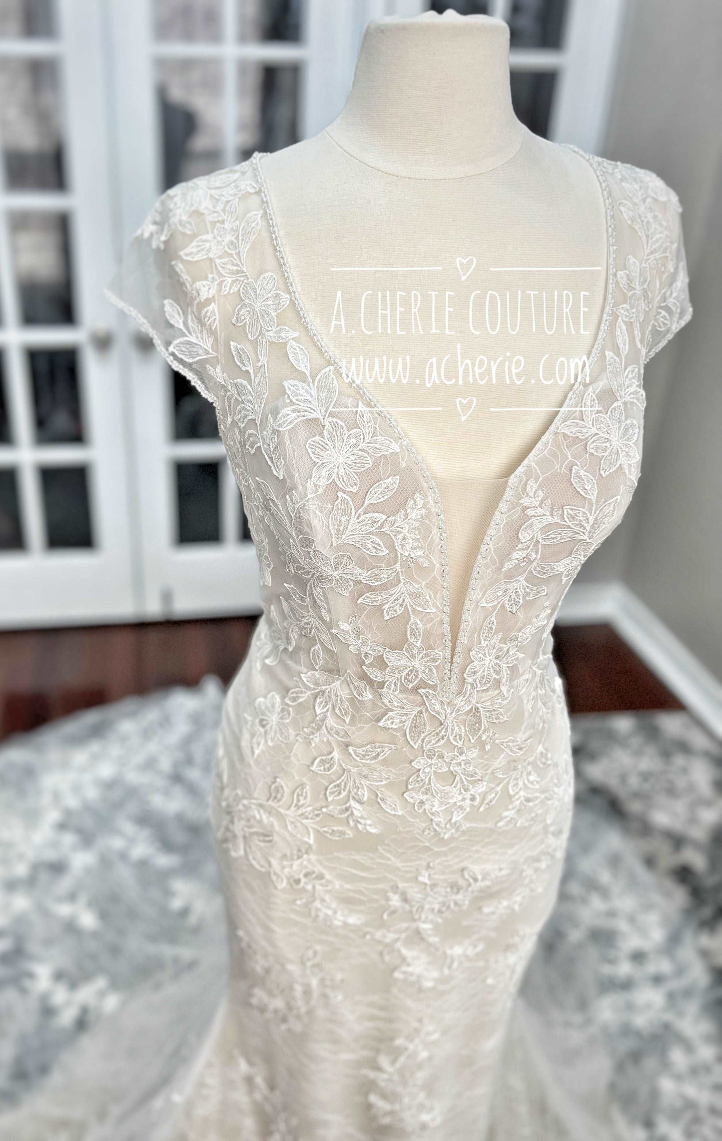 Beaded Low Neckline Open Back Layered Lace Fit & Flare Wedding Dress Ember - A.Cherie Couture Shop