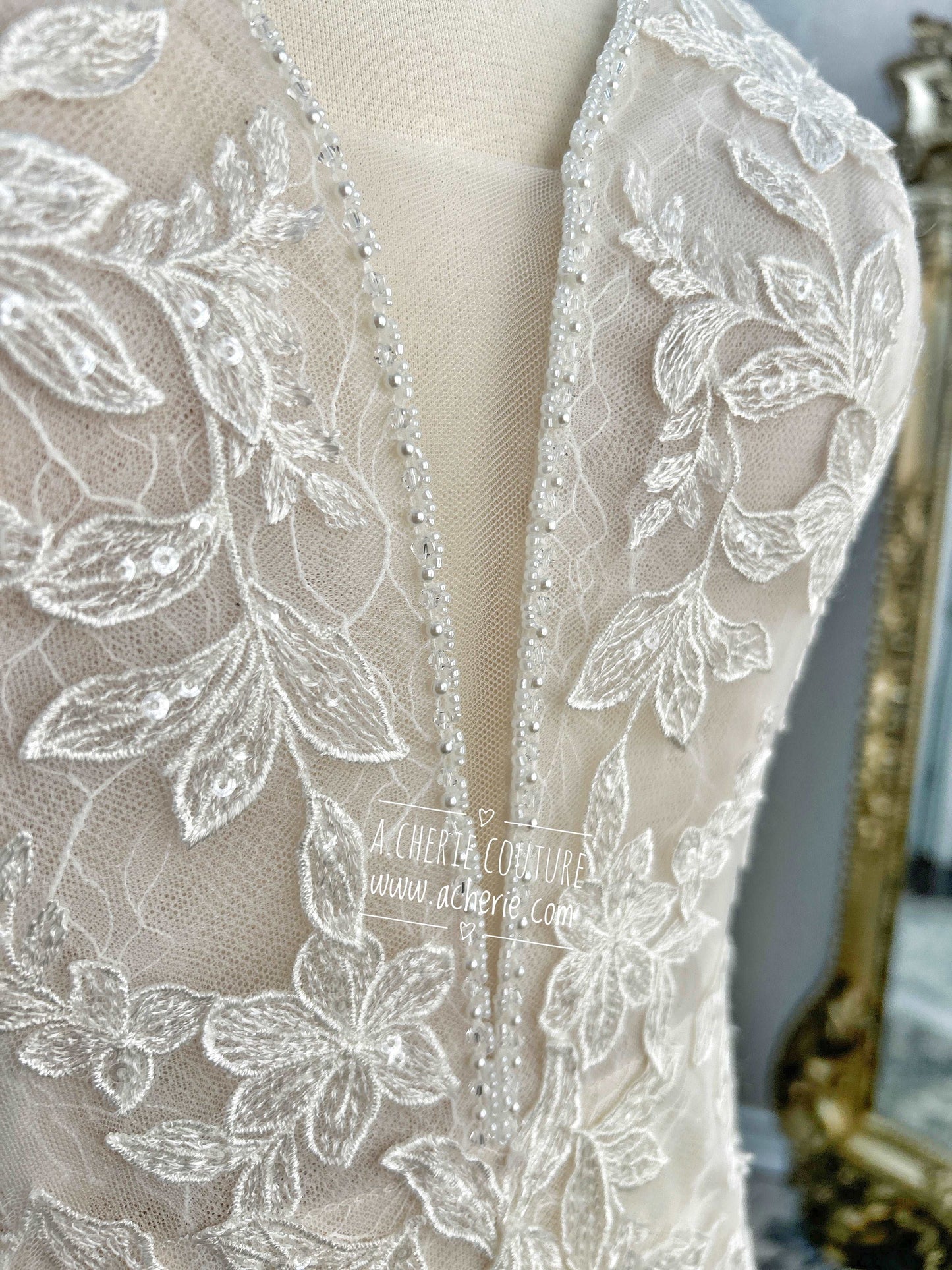 Beaded Low Neckline Open Back Layered Lace Fit & Flare Wedding Dress Ember - A.Cherie Couture Shop