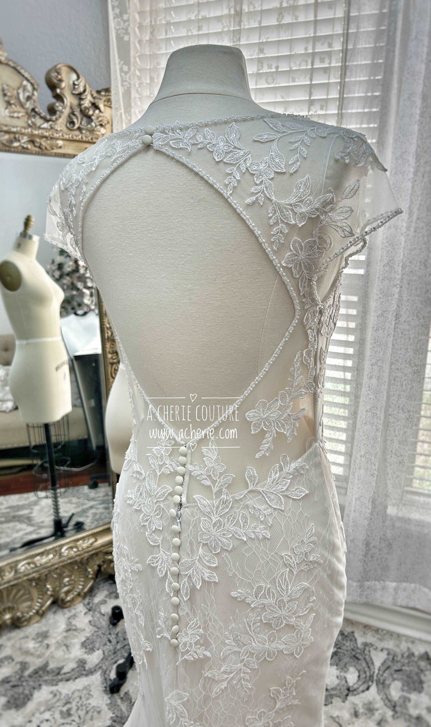 Beaded Low Neckline Open Back Layered Lace Fit & Flare Wedding Dress Ember - A.Cherie Couture Shop
