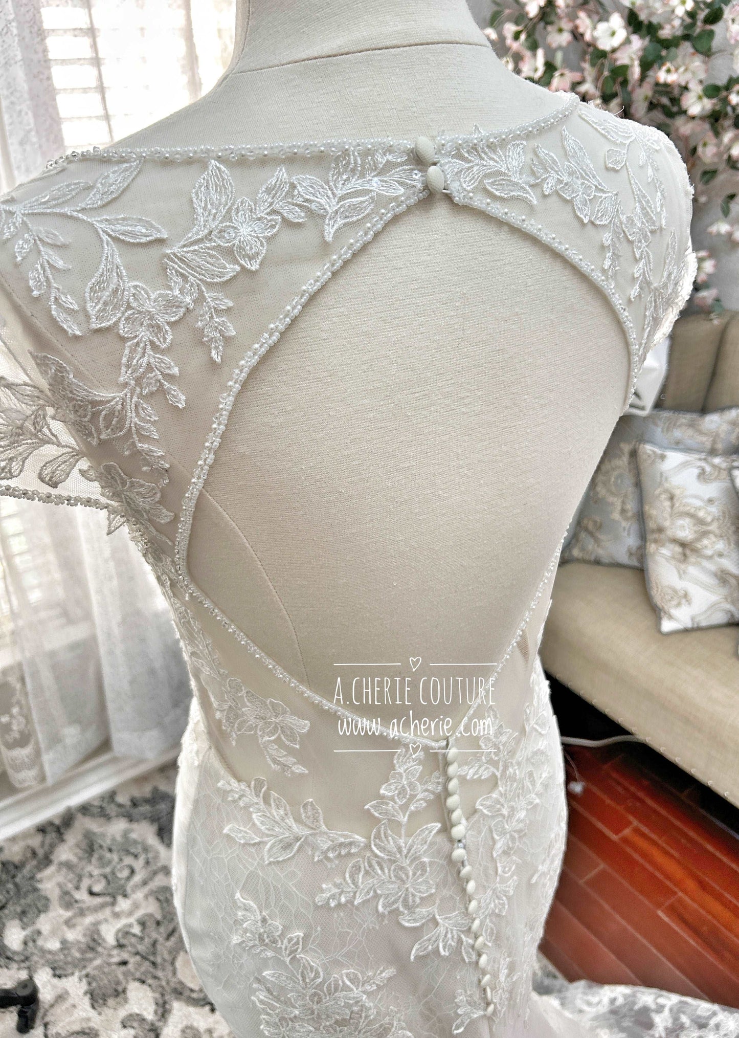 Beaded Low Neckline Open Back Layered Lace Fit & Flare Wedding Dress Ember - A.Cherie Couture Shop