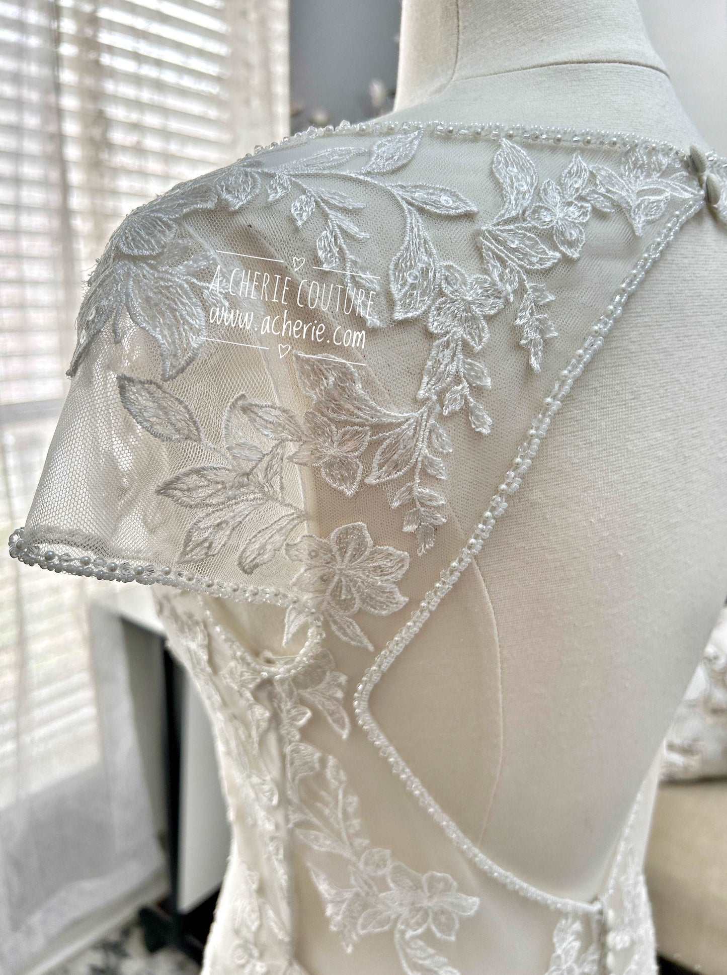 Beaded Low Neckline Open Back Layered Lace Fit & Flare Wedding Dress Ember - A.Cherie Couture Shop