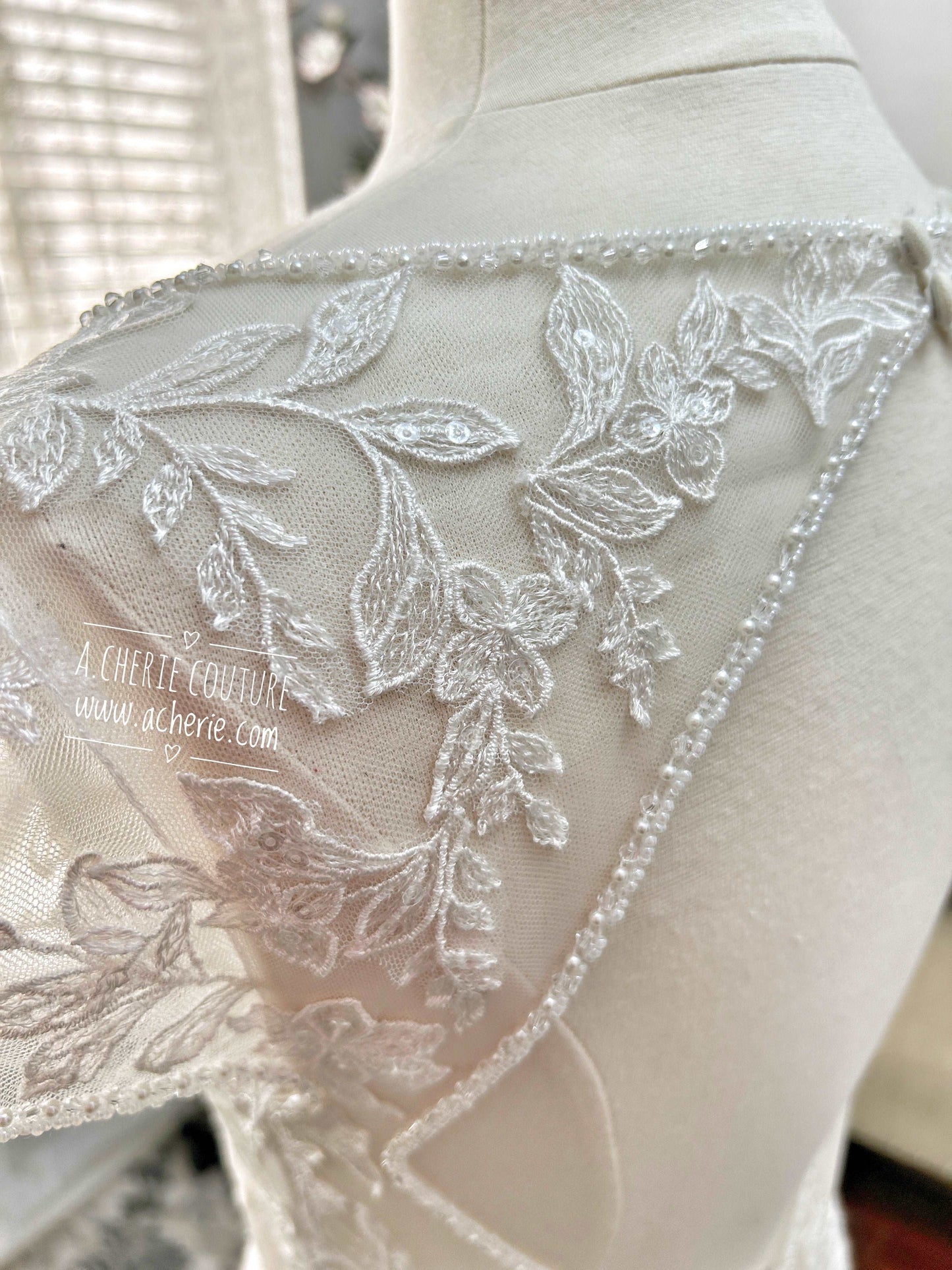 Beaded Low Neckline Open Back Layered Lace Fit & Flare Wedding Dress Ember - A.Cherie Couture Shop