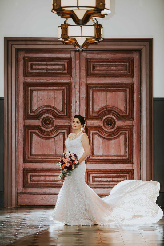 Beaded Scroll Grid Lace Fit & Flared Wedding Dress Elise - A.Cherie Couture Shop