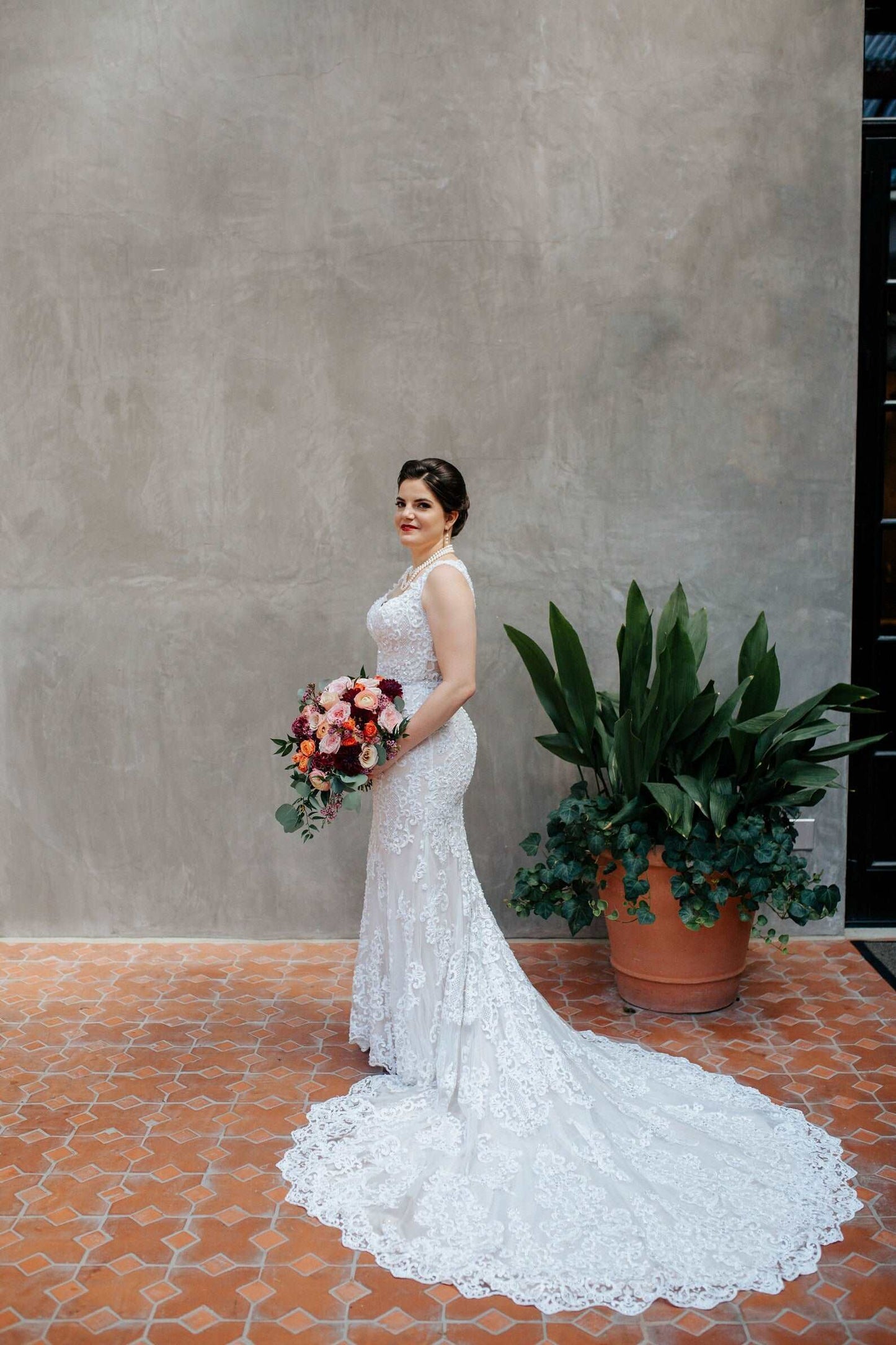 Beaded Scroll Grid Lace Fit & Flared Wedding Dress Elise - A.Cherie Couture Shop