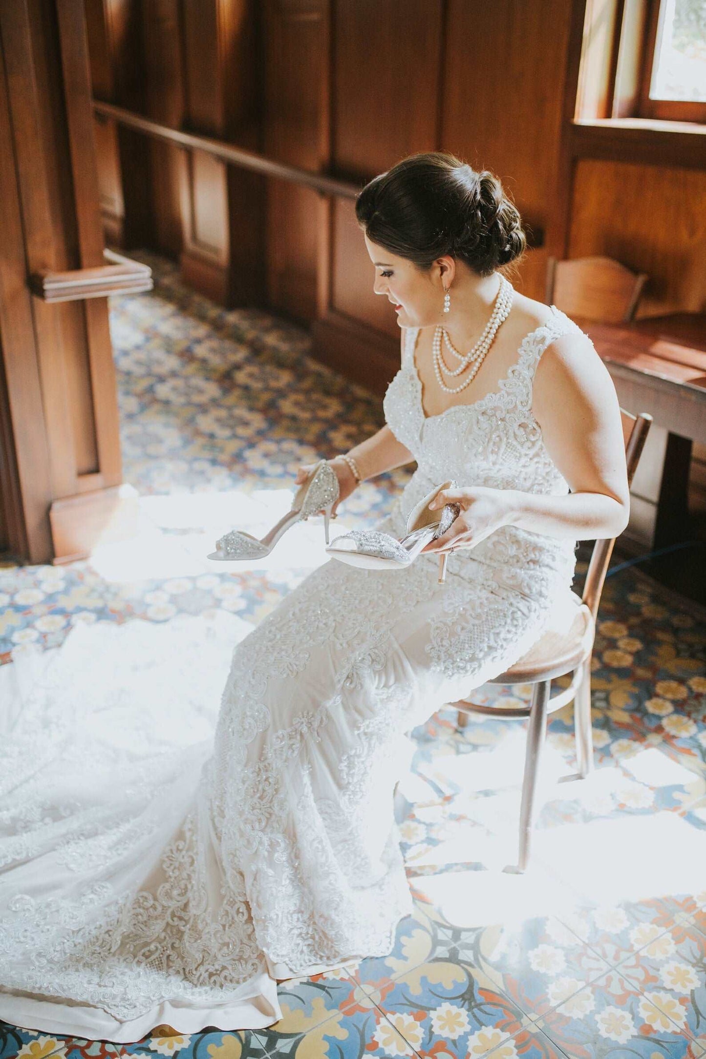 Beaded Scroll Grid Lace Fit & Flared Wedding Dress Elise - A.Cherie Couture Shop