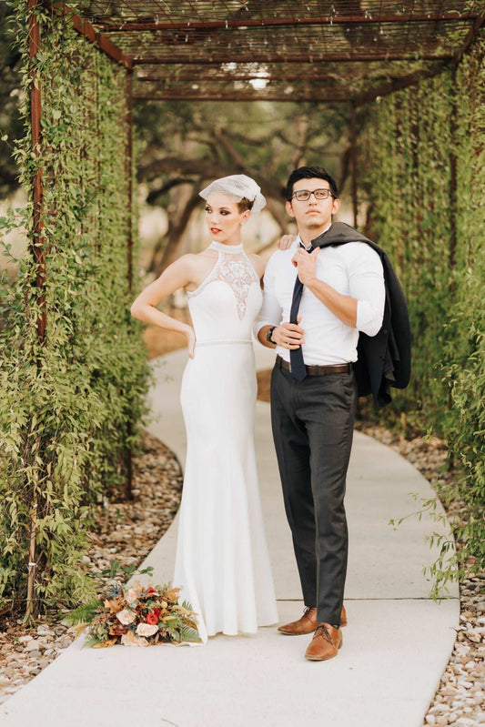 Beaded & Sequined Halter Fit & Flare Wedding Dress Beverly - A.Cherie Couture Shop