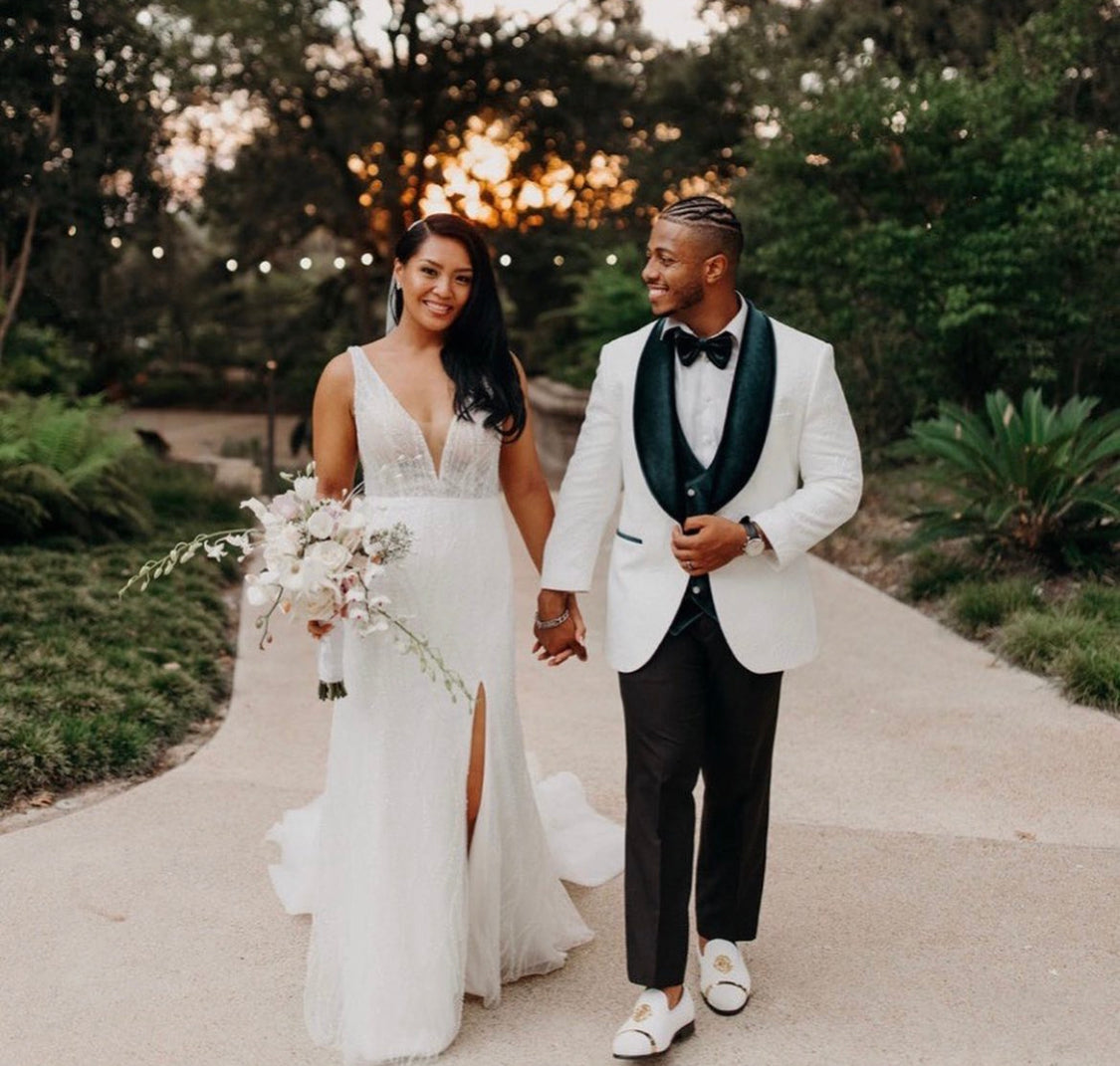 Bride wearing made to order wedding dress in Botanical Gardens San Antonio, Texas