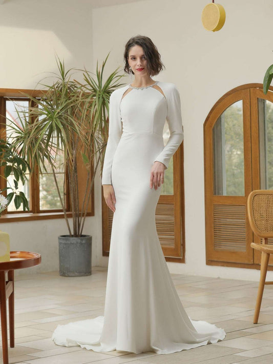 Cut-Out Crepe Fit & Flare Wedding Dress Brooklynn with Beaded Detailing - A.Cherie Couture Shop