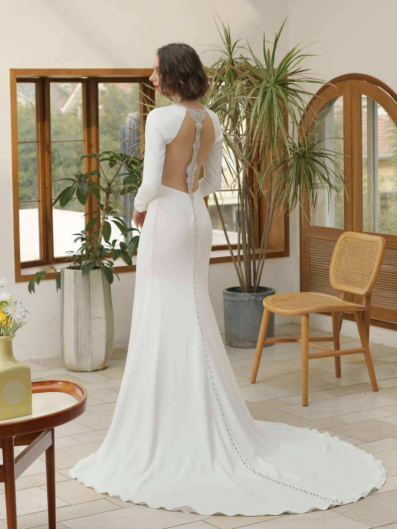 Cut-Out Crepe Fit & Flare Wedding Dress Brooklynn with Beaded Detailing - A.Cherie Couture Shop