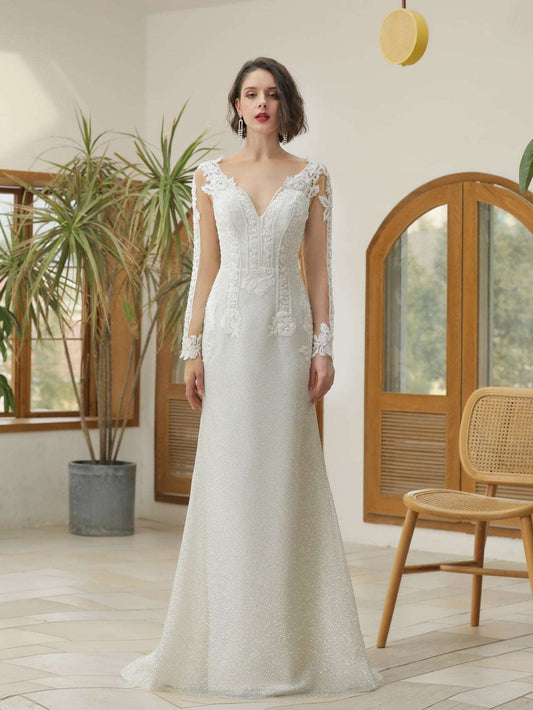 Floral Lace & Glitter Sheath Wedding Dress Penelope - A.Cherie Couture Shop