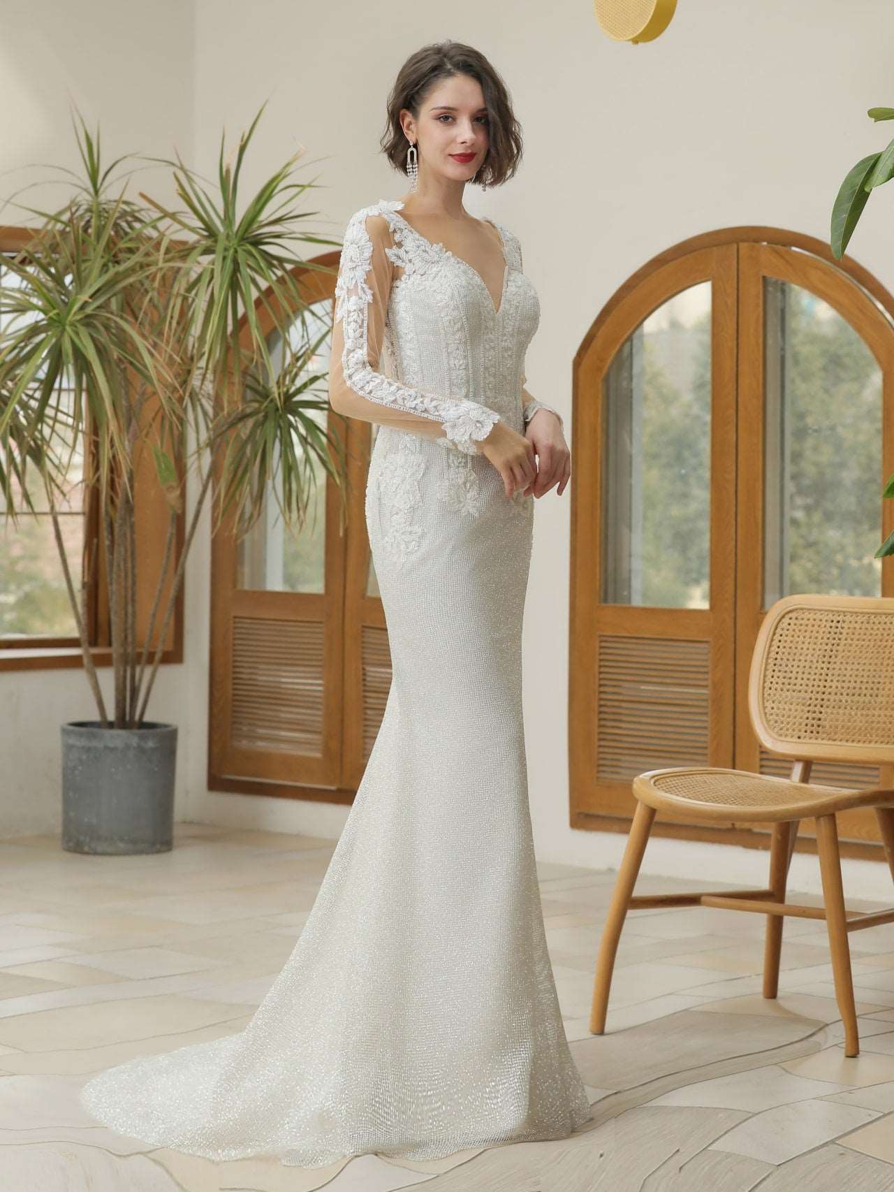 Floral Lace & Glitter Sheath Wedding Dress Penelope - A.Cherie Couture Shop