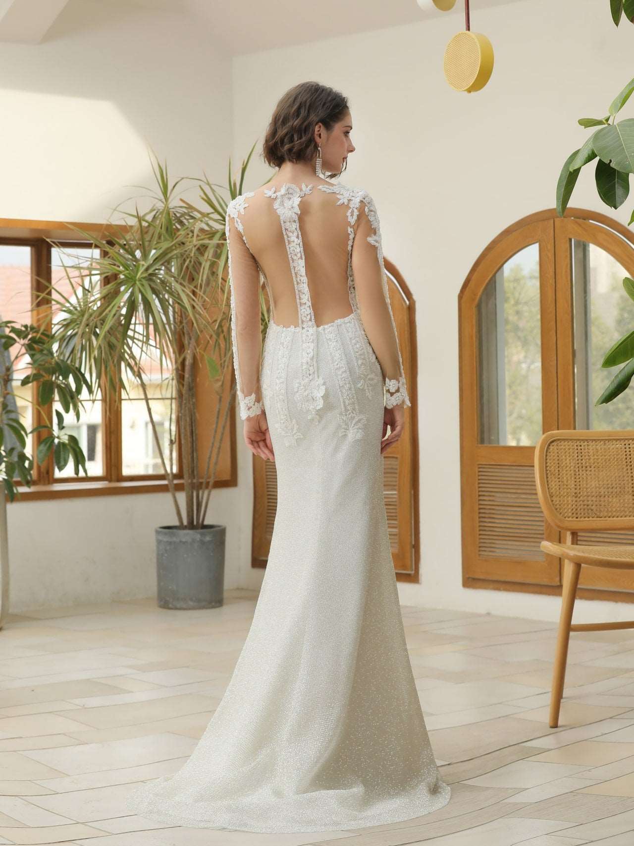 Floral Lace & Glitter Sheath Wedding Dress Penelope - A.Cherie Couture Shop