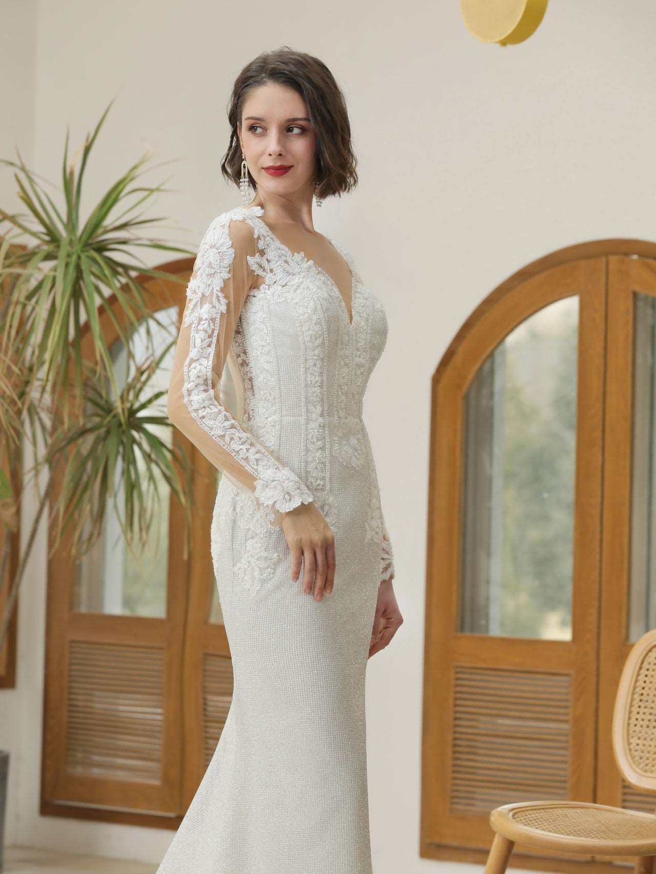 Floral Lace & Glitter Sheath Wedding Dress Penelope - A.Cherie Couture Shop
