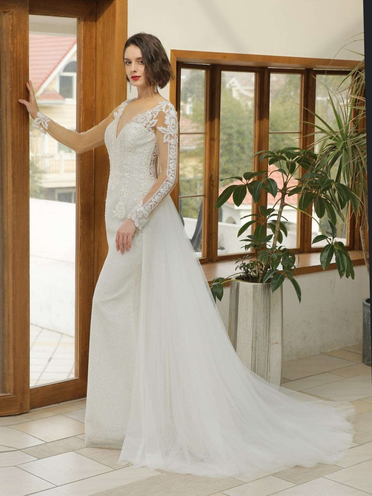 Floral Lace & Glitter Sheath Wedding Dress Penelope - A.Cherie Couture Shop