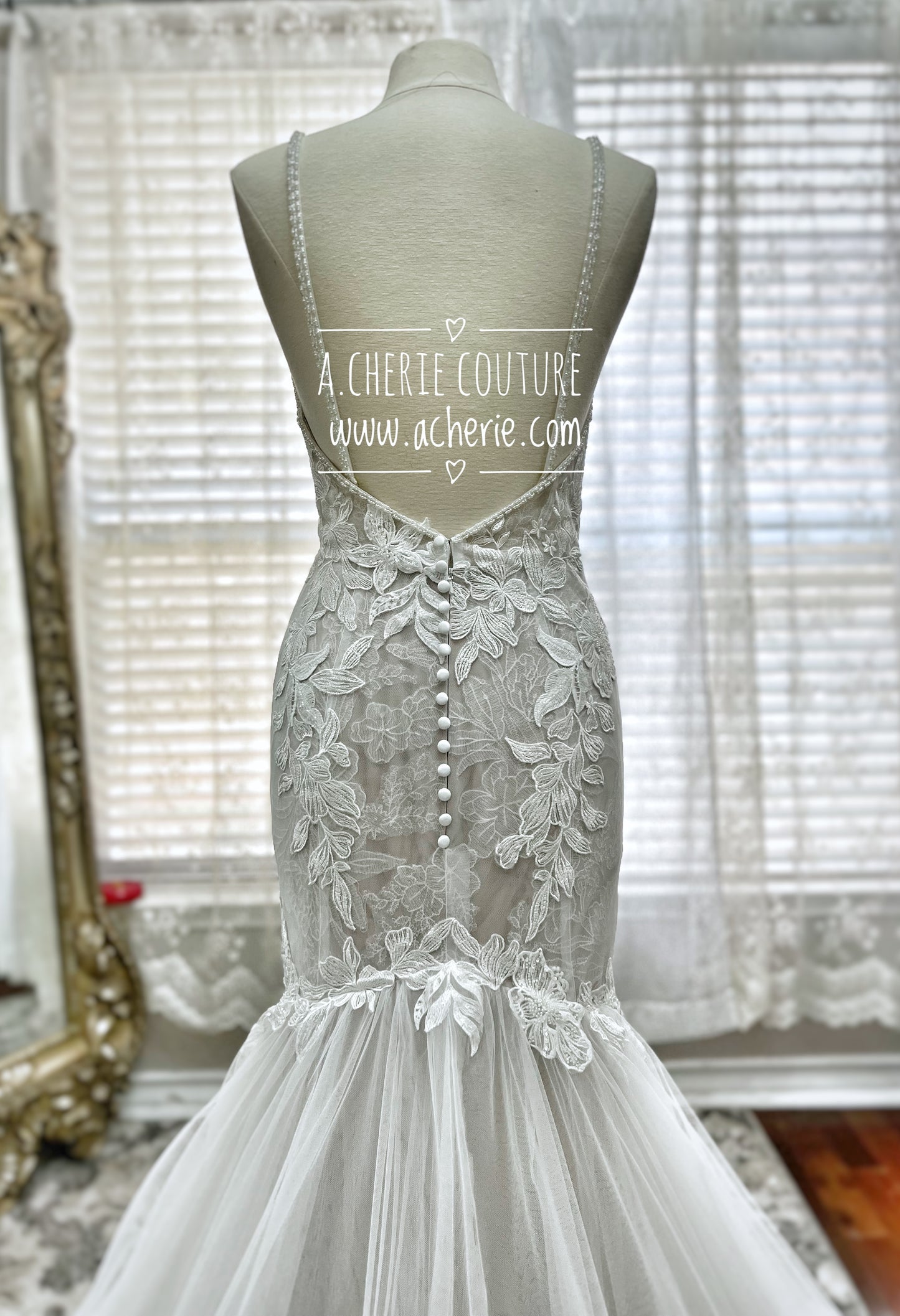 Strappy Low Back Plunge Neckline Beaded Floral Lace Trumpet Wedding Dress Kai - A.Cherie Couture Shop