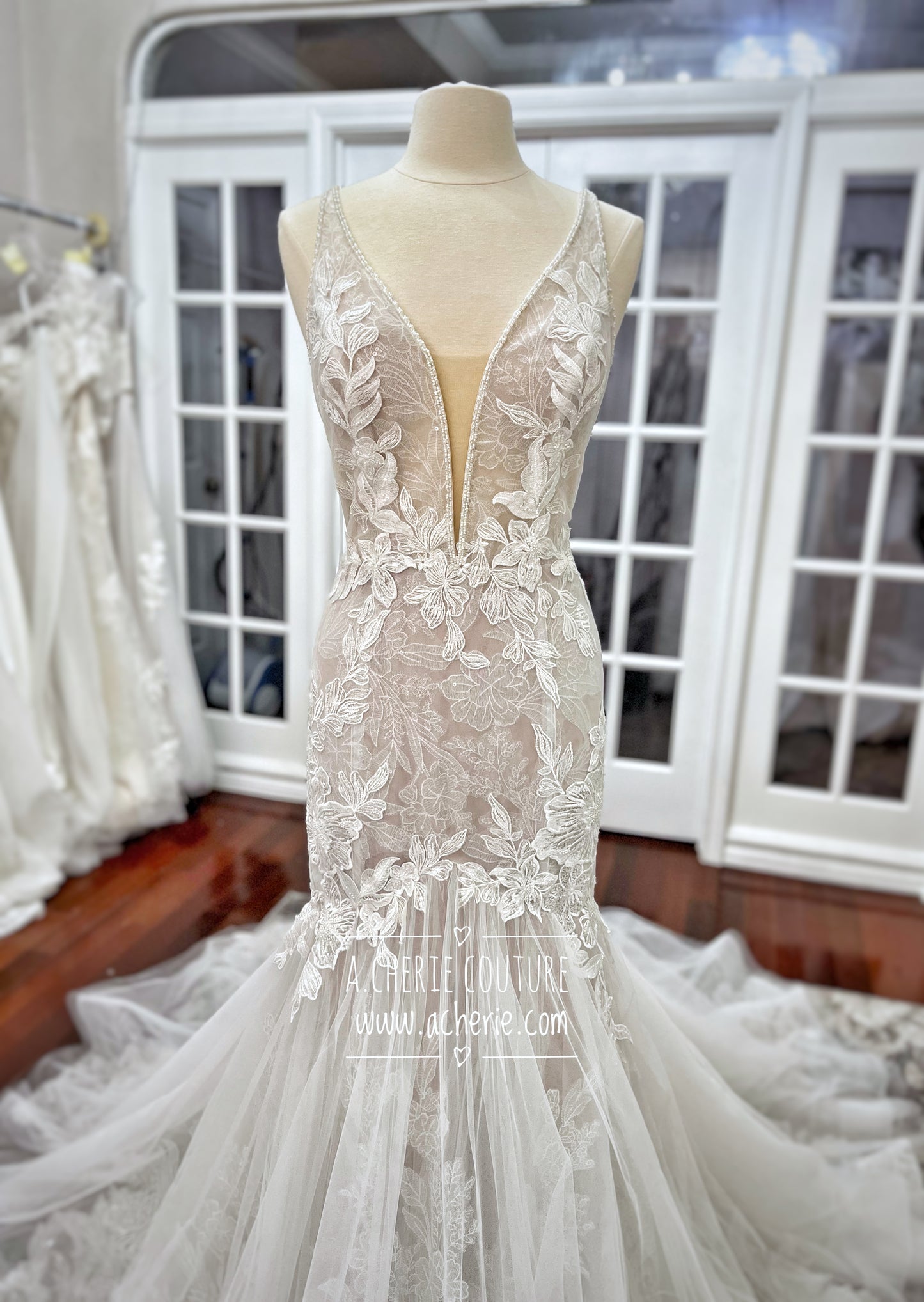 Strappy Low Back Plunge Neckline Beaded Floral Lace Trumpet Wedding Dress Kai - A.Cherie Couture Shop