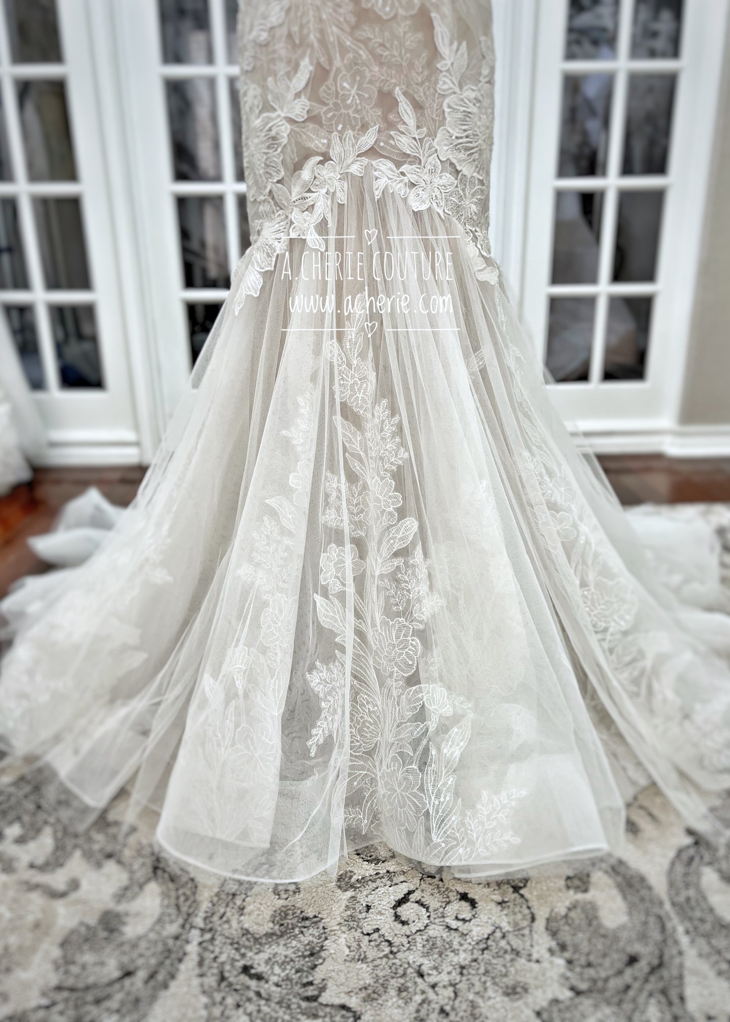 Strappy Low Back Plunge Neckline Beaded Floral Lace Trumpet Wedding Dress Kai - A.Cherie Couture Shop