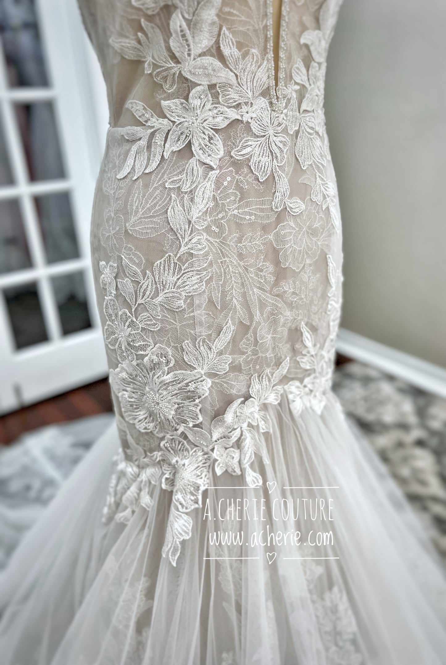Strappy Low Back Plunge Neckline Beaded Floral Lace Trumpet Wedding Dress Kai - A.Cherie Couture Shop