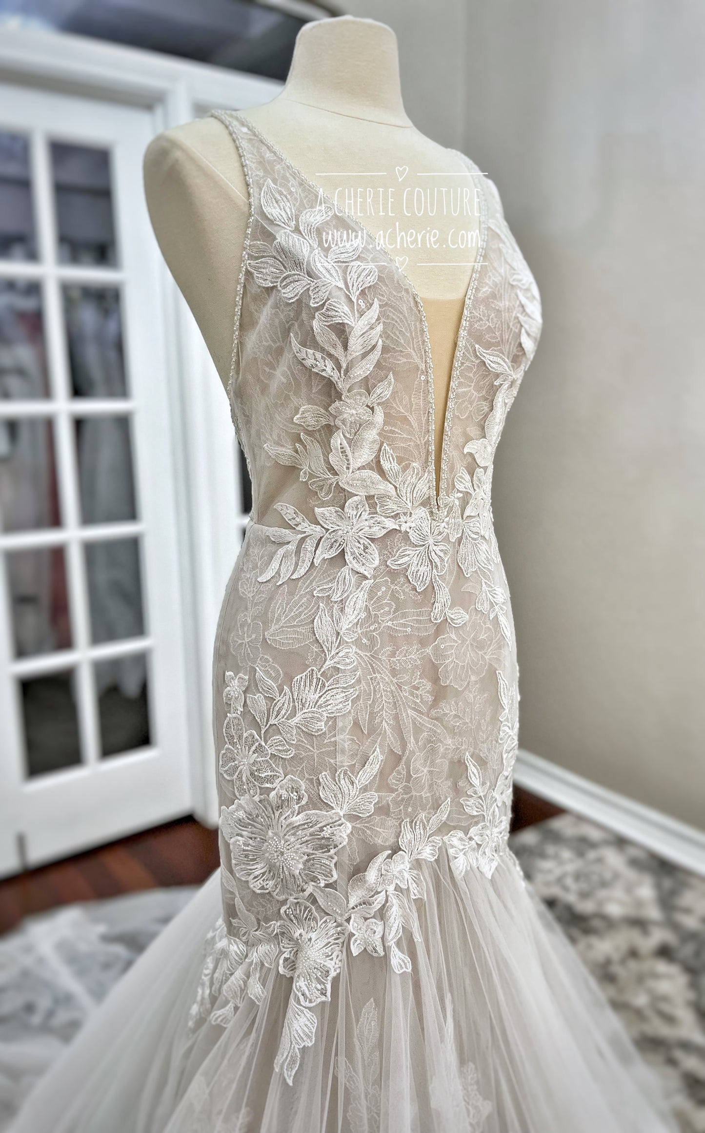 Strappy Low Back Plunge Neckline Beaded Floral Lace Trumpet Wedding Dress Kai - A.Cherie Couture Shop