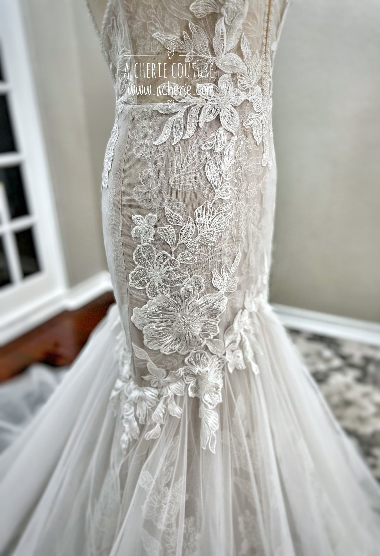 Strappy Low Back Plunge Neckline Beaded Floral Lace Trumpet Wedding Dress Kai - A.Cherie Couture Shop